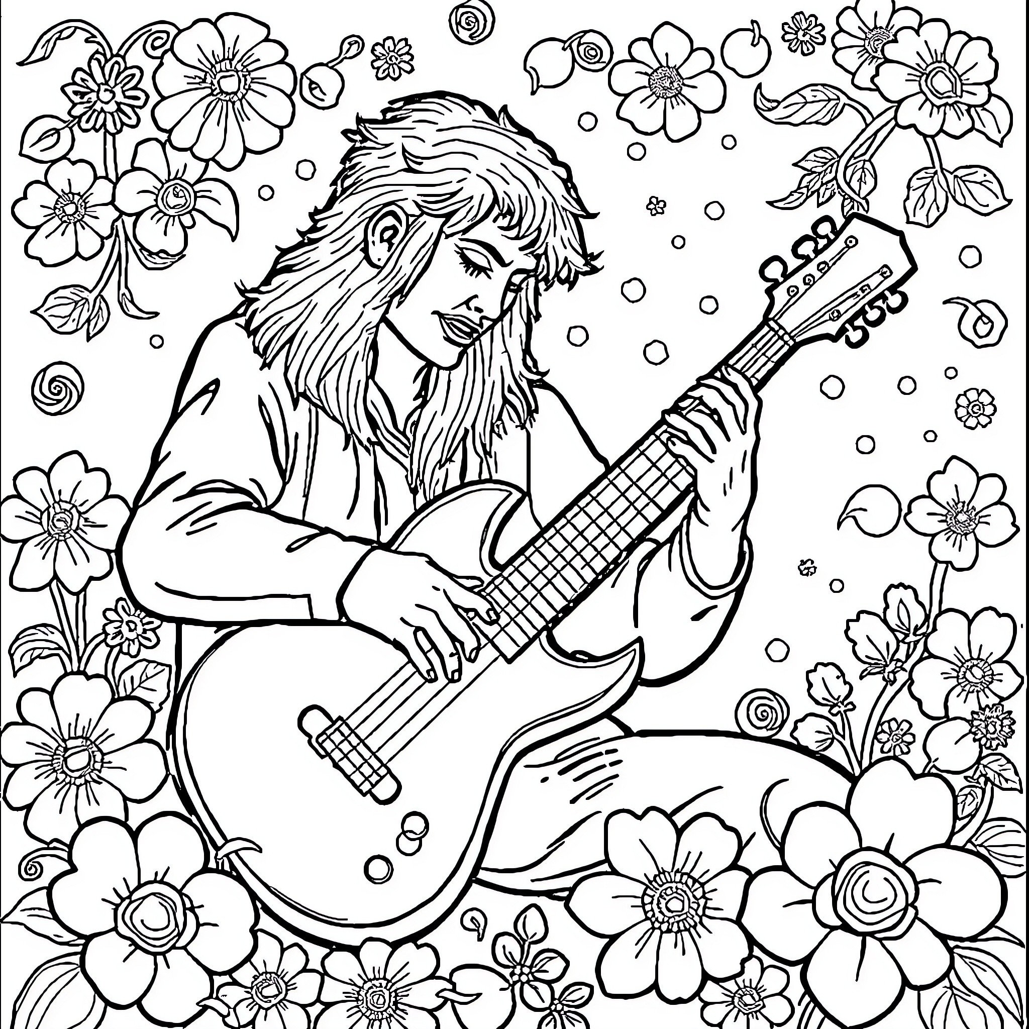 ADO Musician Playing Guitar in Floral Oasis Coloring Page (free black-and-white line drawing printable PDF for all, from beginners to advanced learners, including children, teens, adults, and seniors)