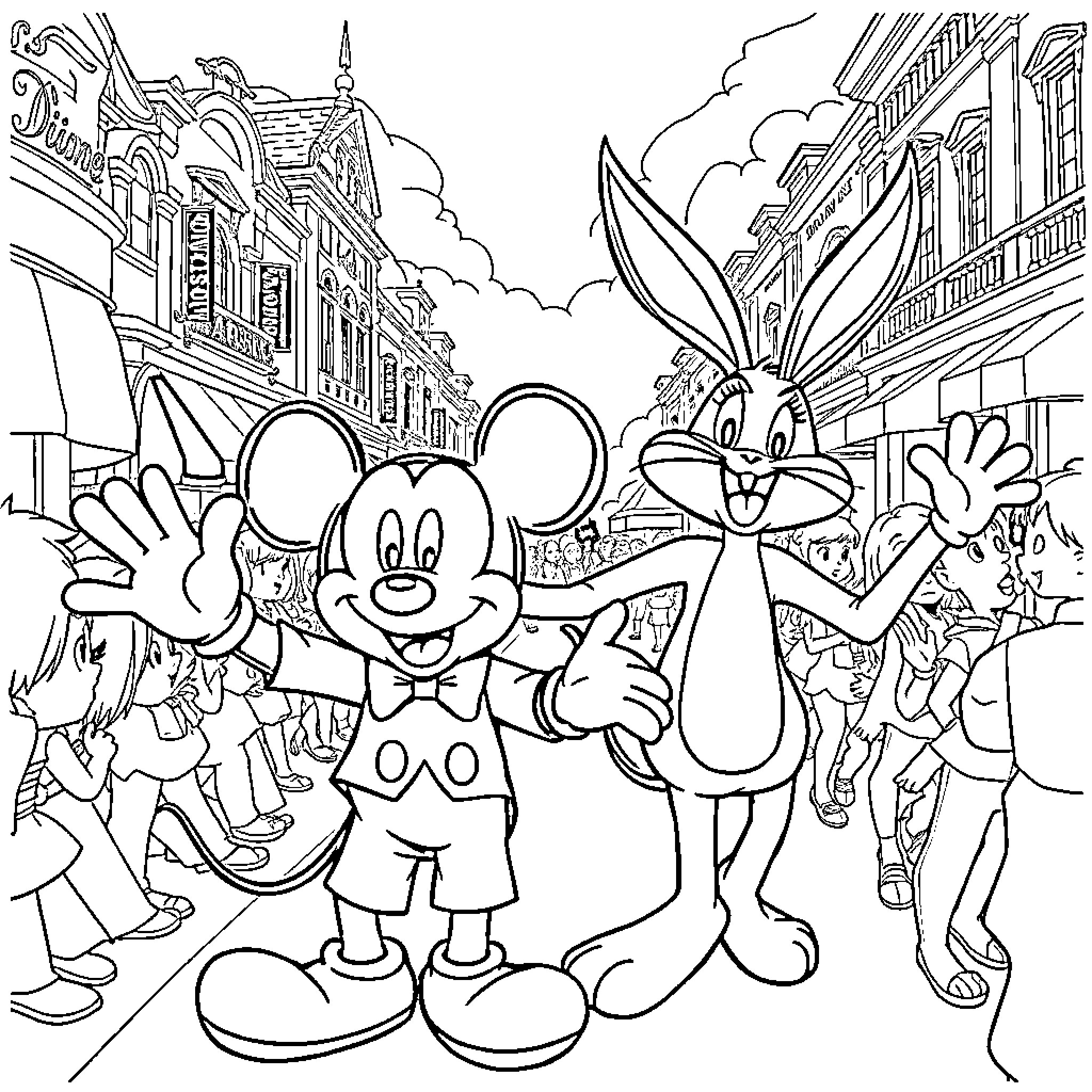 Mickey Mouse and Bugs Bunny explore a vibrant city Coloring Page (free black-and-white line drawing printable PDF for all, from beginners to advanced learners, including children, teens, adults, and seniors)