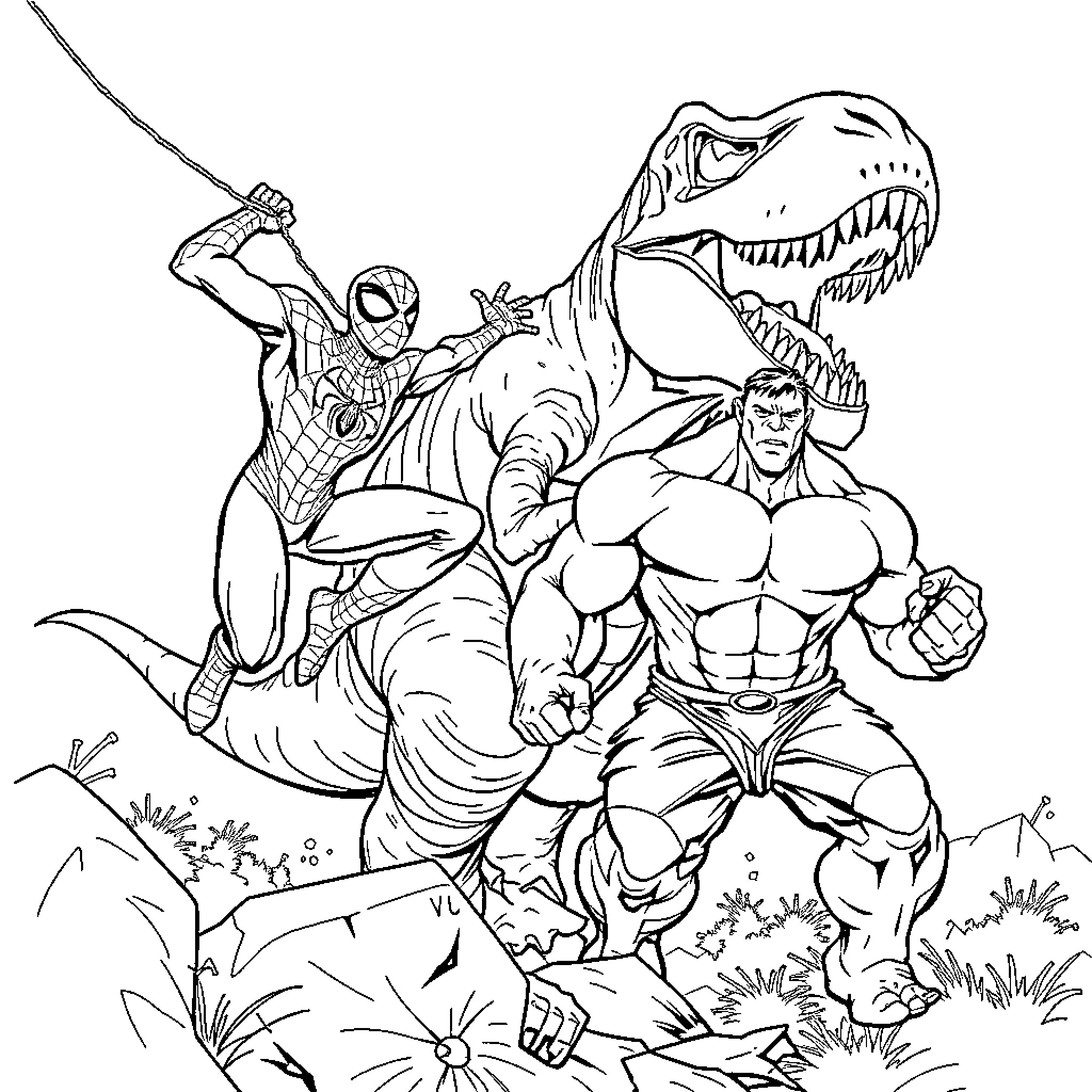 Spiderman battles a giant dinosaur with Hulk Coloring Page (free black-and-white line drawing printable PDF for all, from beginners to advanced learners, including children, teens, adults, and seniors)