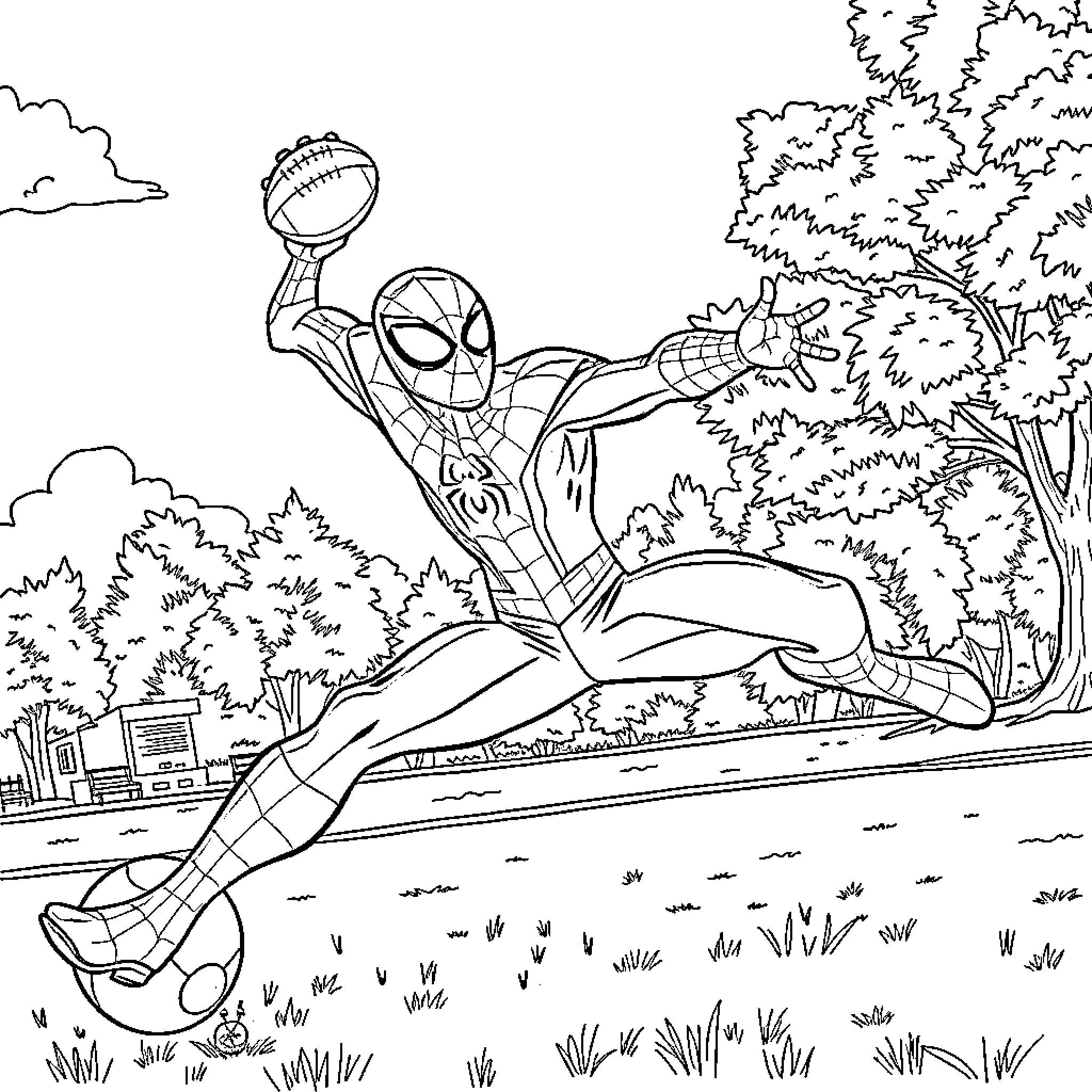 Spider-Man swinging through the city Coloring Page (free black-and-white line drawing printable PDF for all, from beginners to advanced learners, including children, teens, adults, and seniors)