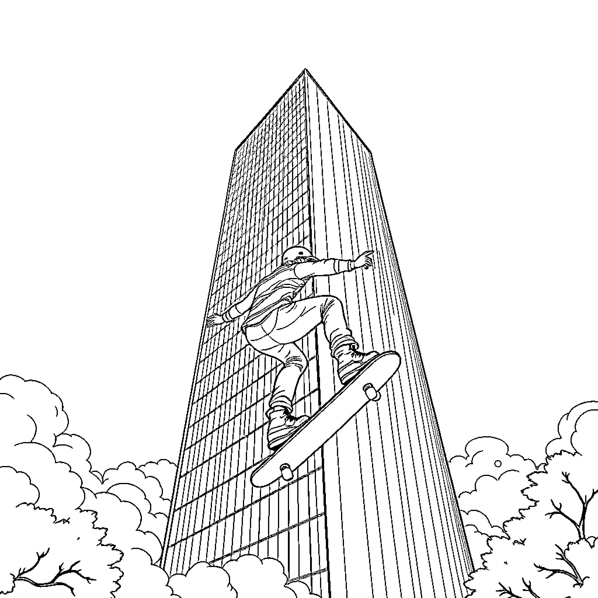 Skateboard rider performing tricks on skyscraper Coloring Page (free black-and-white line drawing printable PDF for all, from beginners to advanced learners, including children, teens, adults, and seniors)