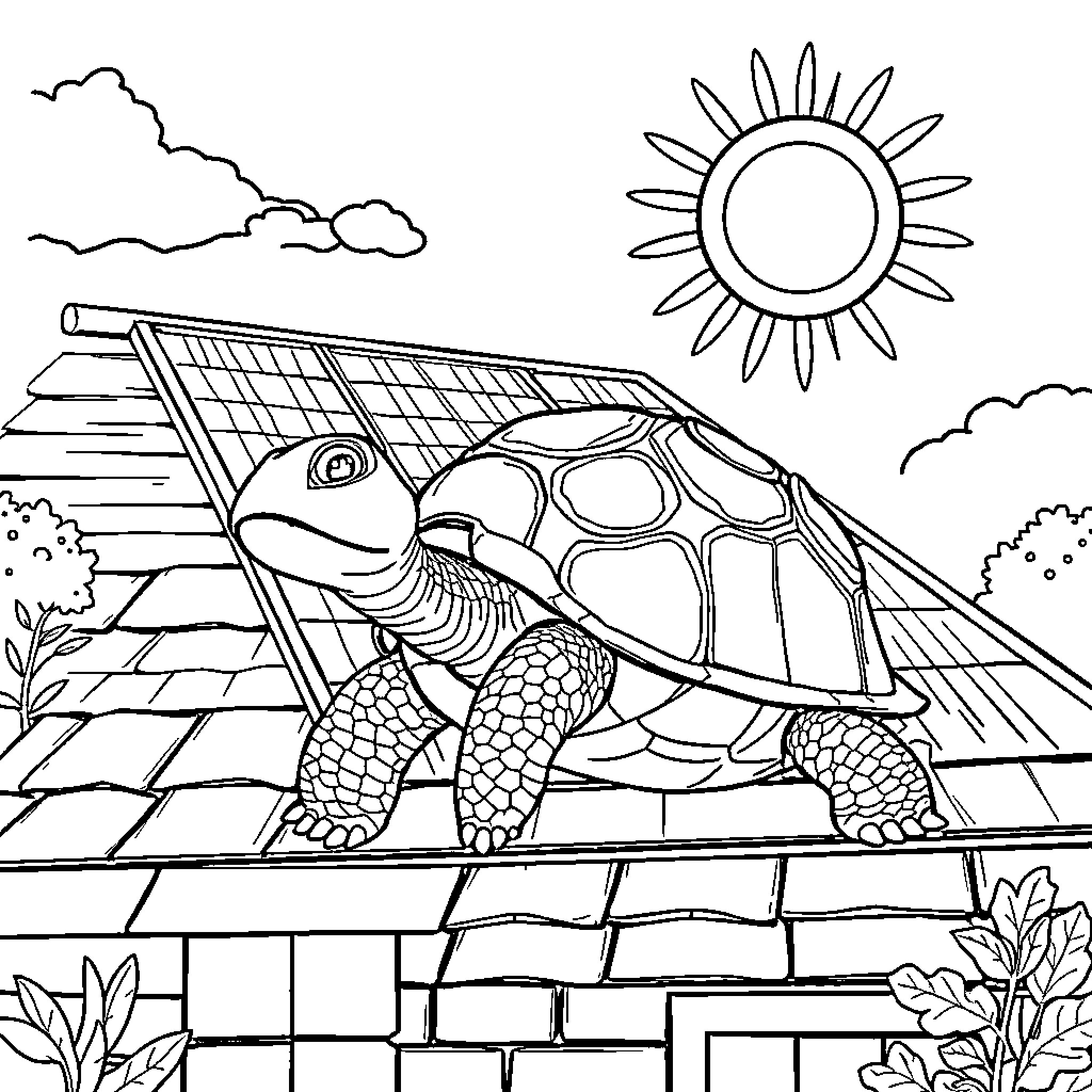 Turtle enjoying the sunshine on a solar panel Coloring Page (free black-and-white line drawing printable PDF for all, from beginners to advanced learners, including children, teens, adults, and seniors)