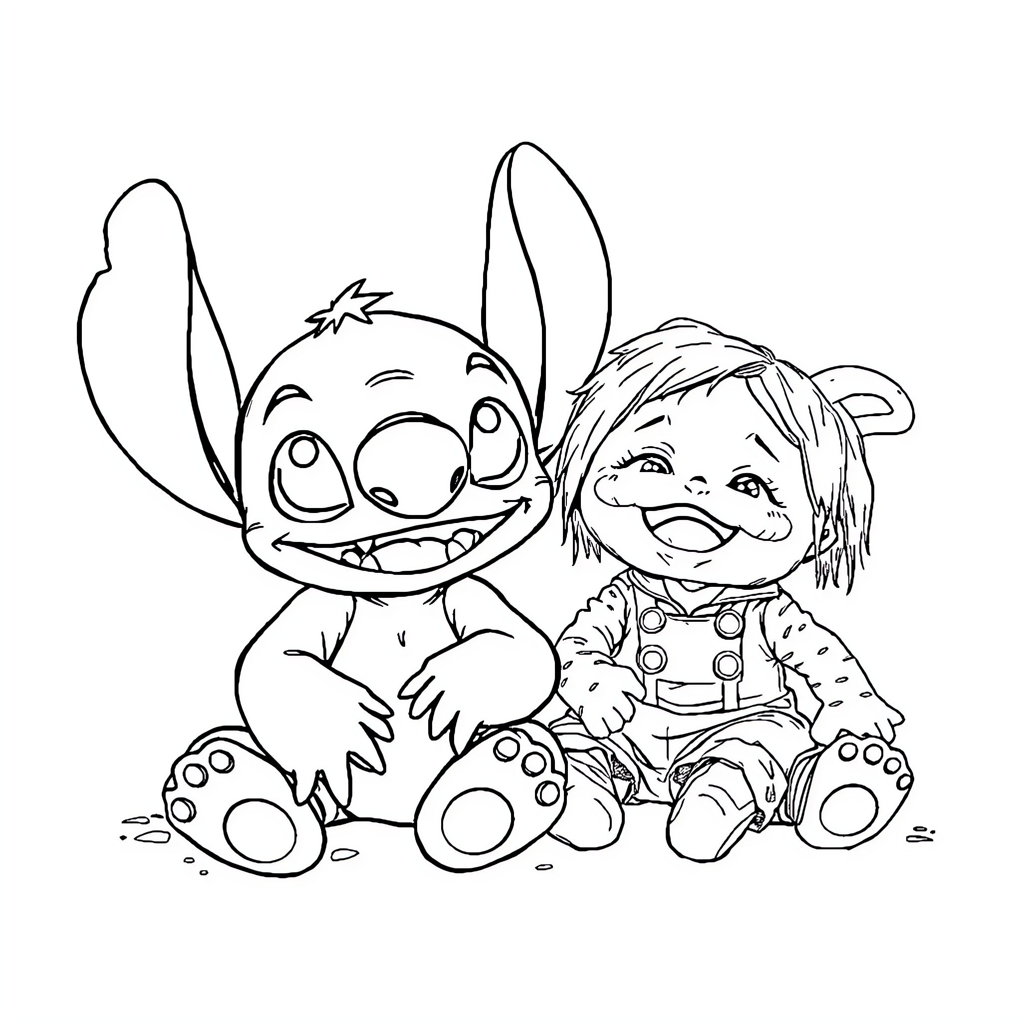 Stitch and Troll Companions Sharing Laughter Coloring Page (free black-and-white line drawing printable PDF for all, from beginners to advanced learners, including children, teens, adults, and seniors)