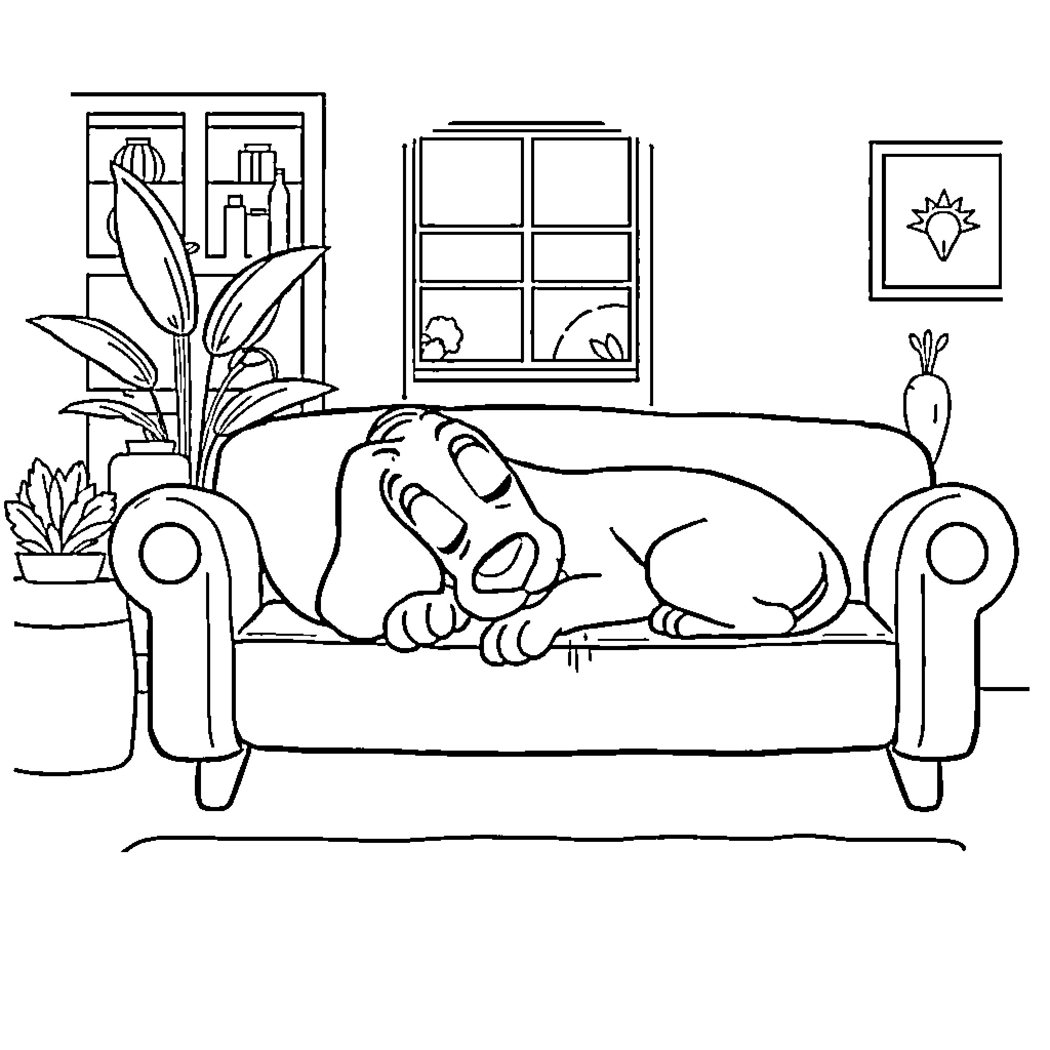 Tramp relaxing peacefully on the sofa Coloring Page (free black-and-white line drawing printable PDF for all, from beginners to advanced learners, including children, teens, adults, and seniors)