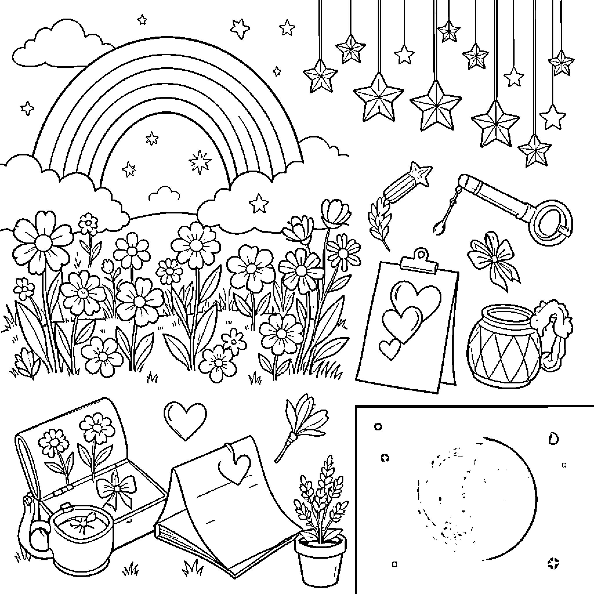 Object showcasing a magical landscape with flowers and stars Coloring Page (free black-and-white line drawing printable PDF for all, from beginners to advanced learners, including children, teens, adults, and seniors)