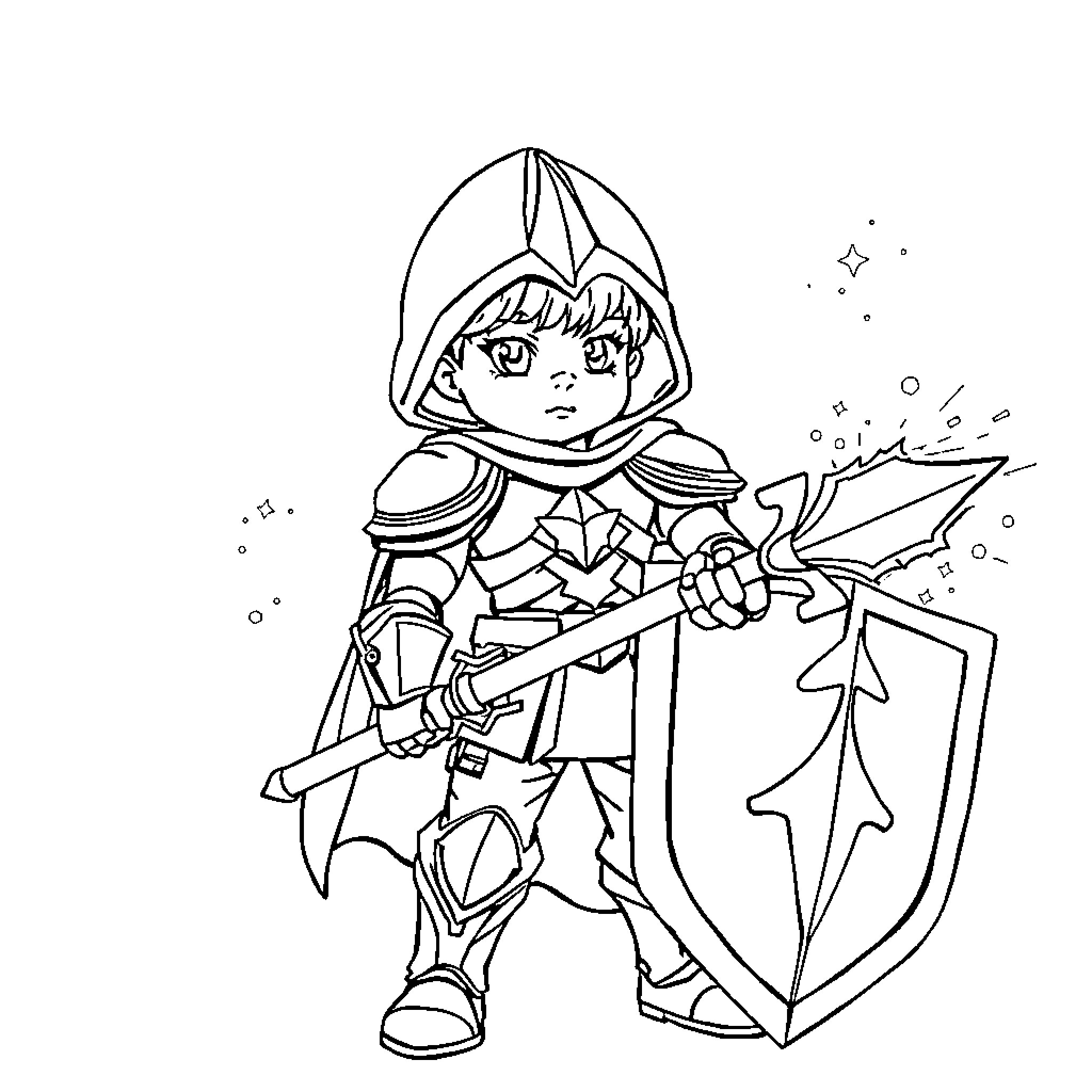Child knight in shining armor wielding sword and shield Coloring Page (free black-and-white line drawing printable PDF for all, from beginners to advanced learners, including children, teens, adults, and seniors)