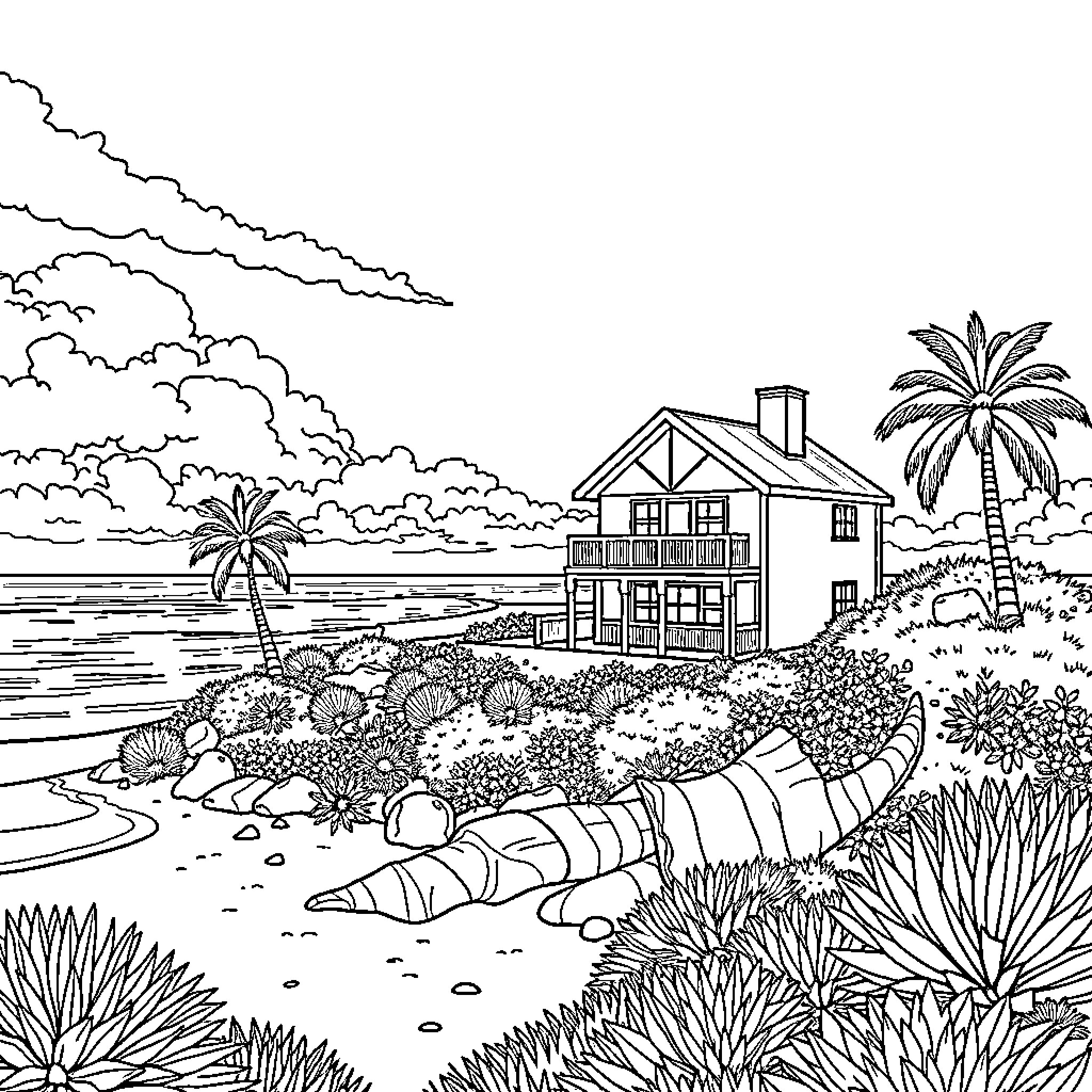 House by the Scenic Beach with Tropical Plants Coloring Page (free black-and-white line drawing printable PDF for all, from beginners to advanced learners, including children, teens, adults, and seniors)