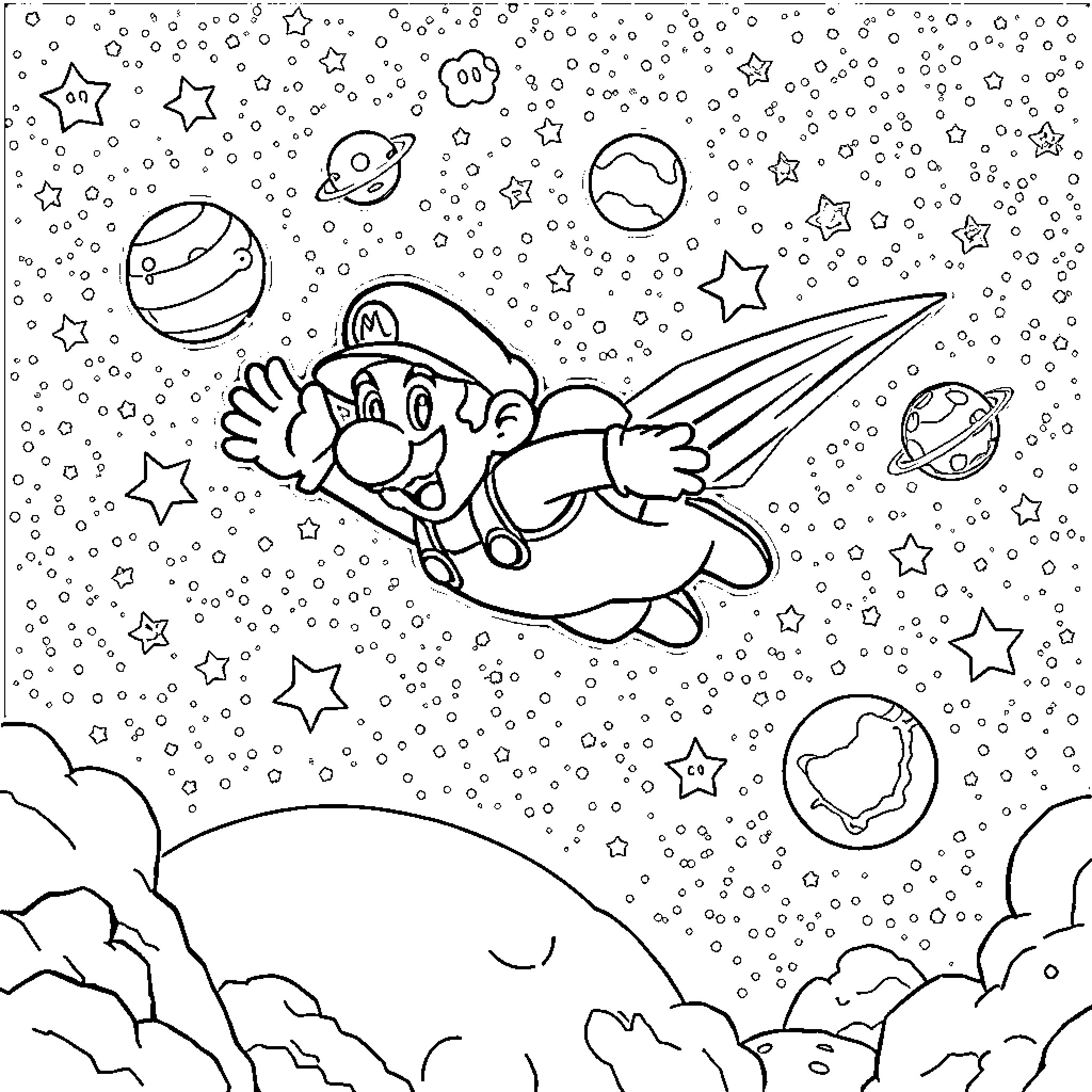 Mario's Cosmic Adventure Coloring Page (free black-and-white line drawing printable PDF for all, from beginners to advanced learners, including children, teens, adults, and seniors)