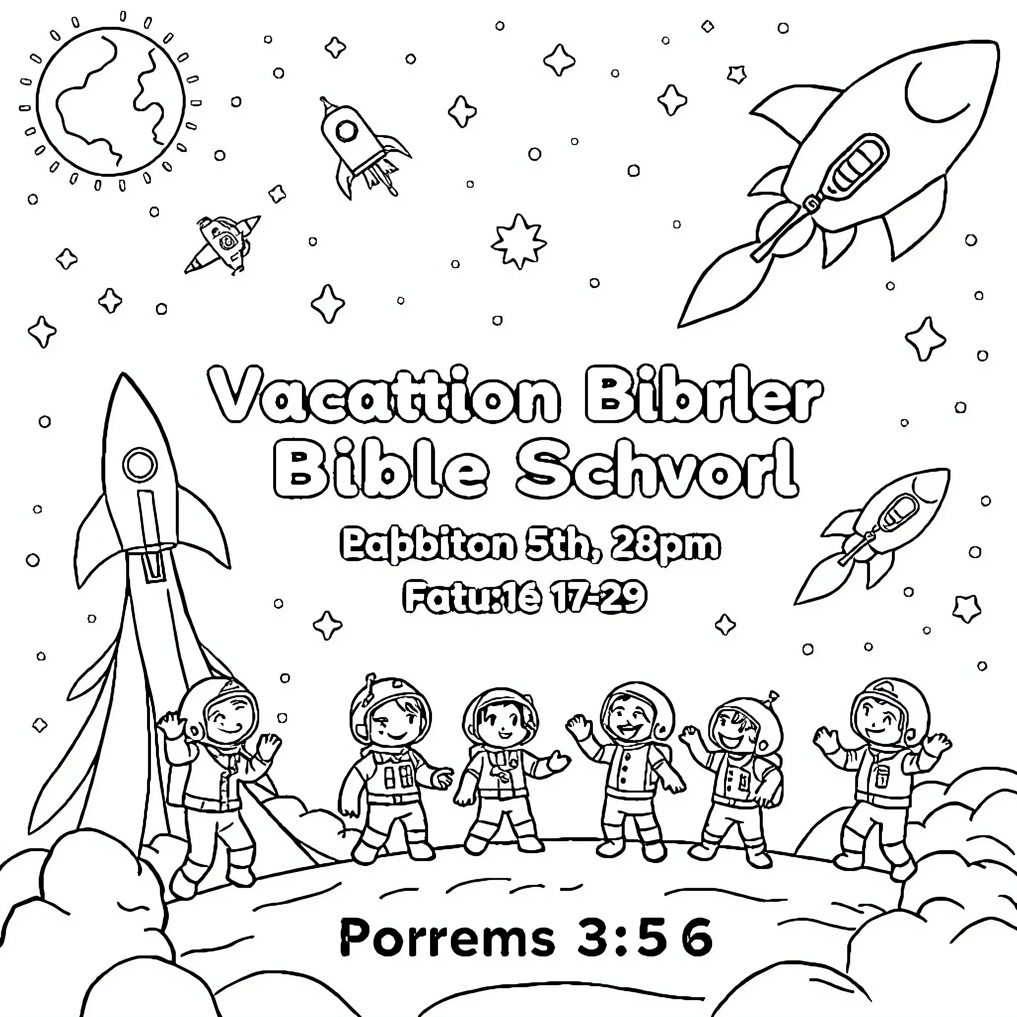 Rocket Vacation Bible School Announcement with Astronauts Coloring Page (free black-and-white line drawing printable PDF for all, from beginners to advanced learners, including children, teens, adults, and seniors)