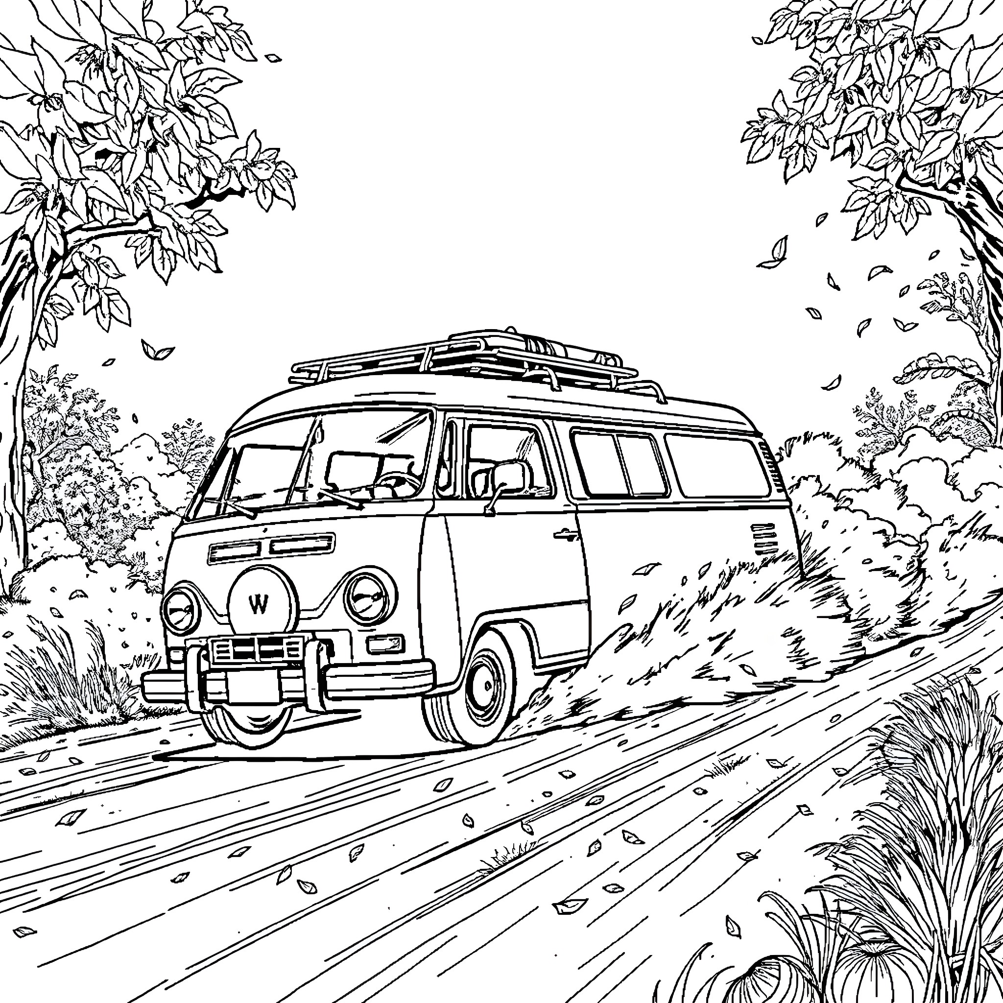 Van exploring the scenic countryside Coloring Page (free black-and-white line drawing printable PDF for all, from beginners to advanced learners, including children, teens, adults, and seniors)
