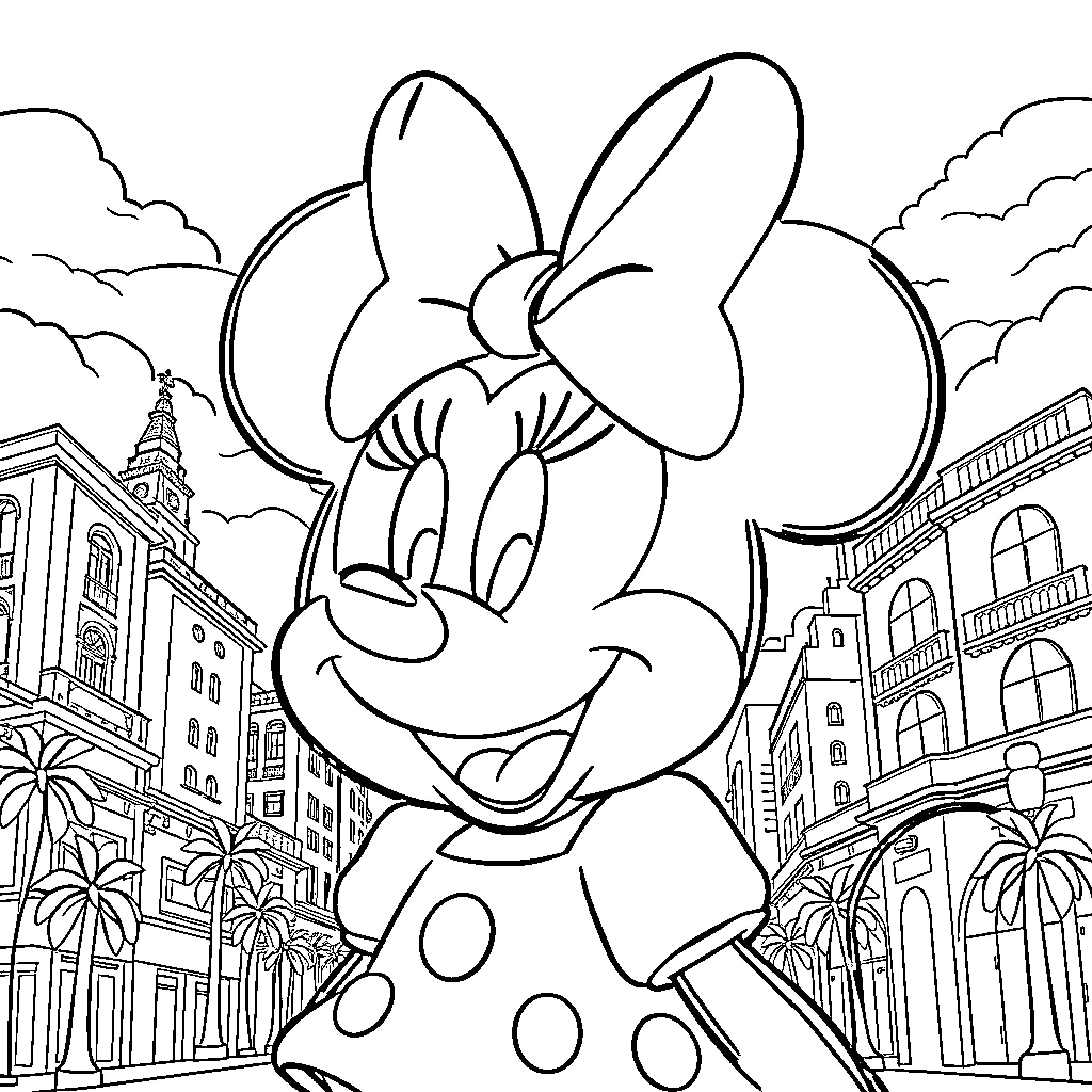 Minnie Mouse enjoying a day in the city Coloring Page (free black-and-white line drawing printable PDF for all, from beginners to advanced learners, including children, teens, adults, and seniors)