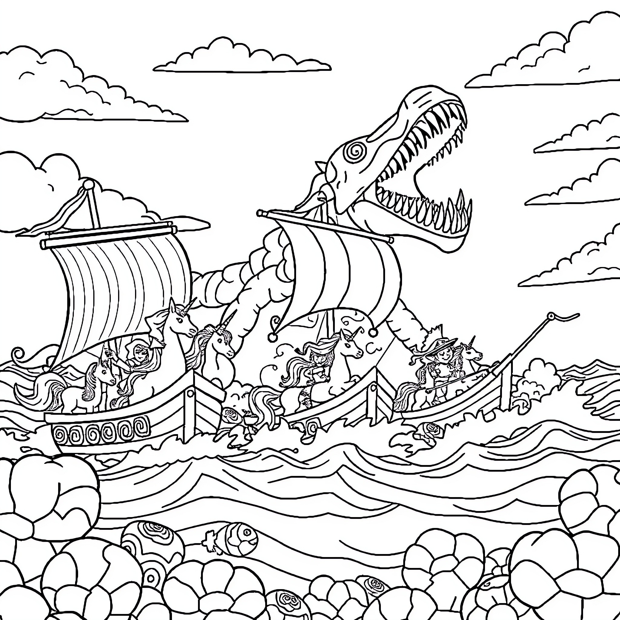 Unicorn-themed nautical adventure with mythical creatures Coloring Page (free black-and-white line drawing printable PDF for all, from beginners to advanced learners, including children, teens, adults, and seniors)