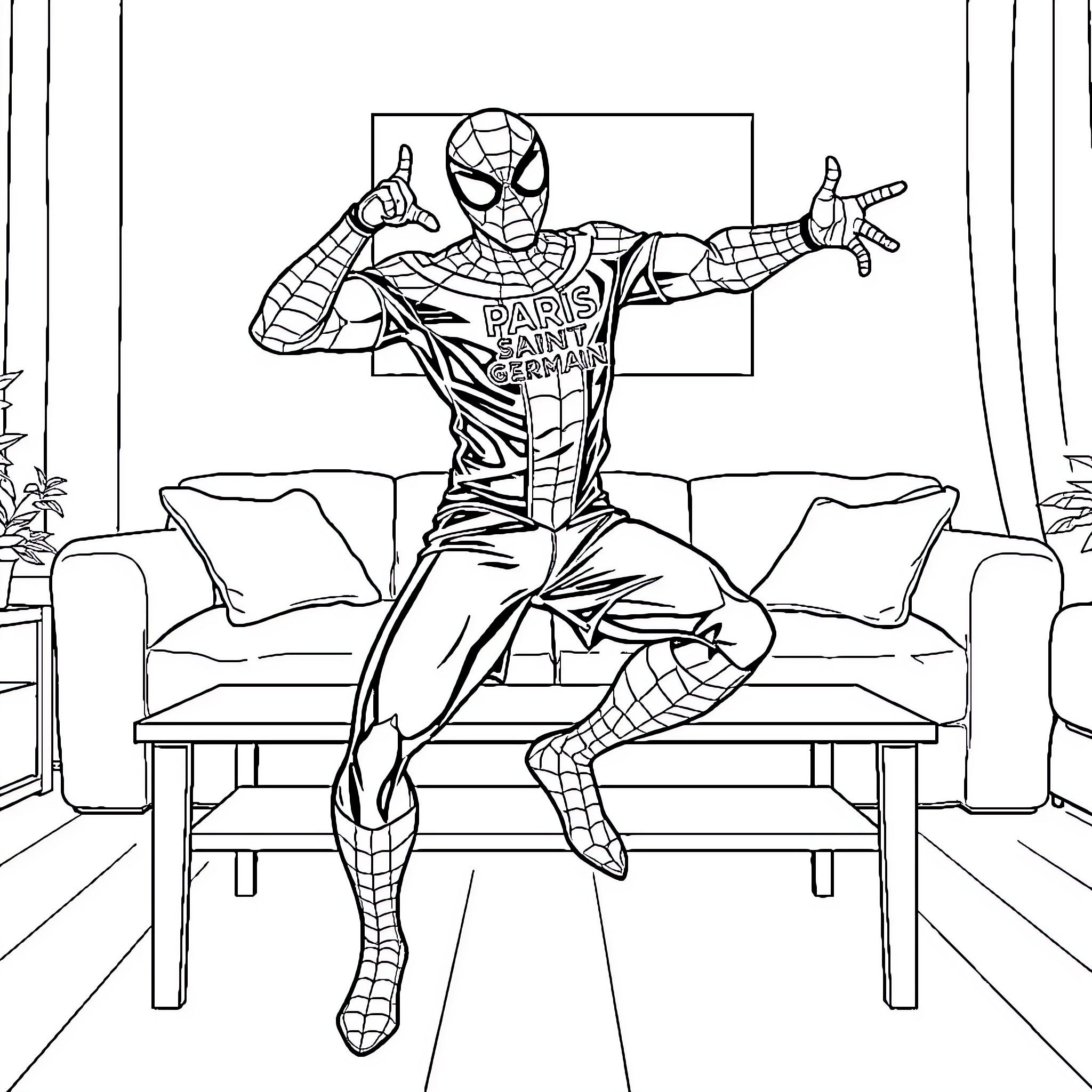 Spiderman poses confidently in a living room setting Coloring Page (free black-and-white line drawing printable PDF for all, from beginners to advanced learners, including children, teens, adults, and seniors)