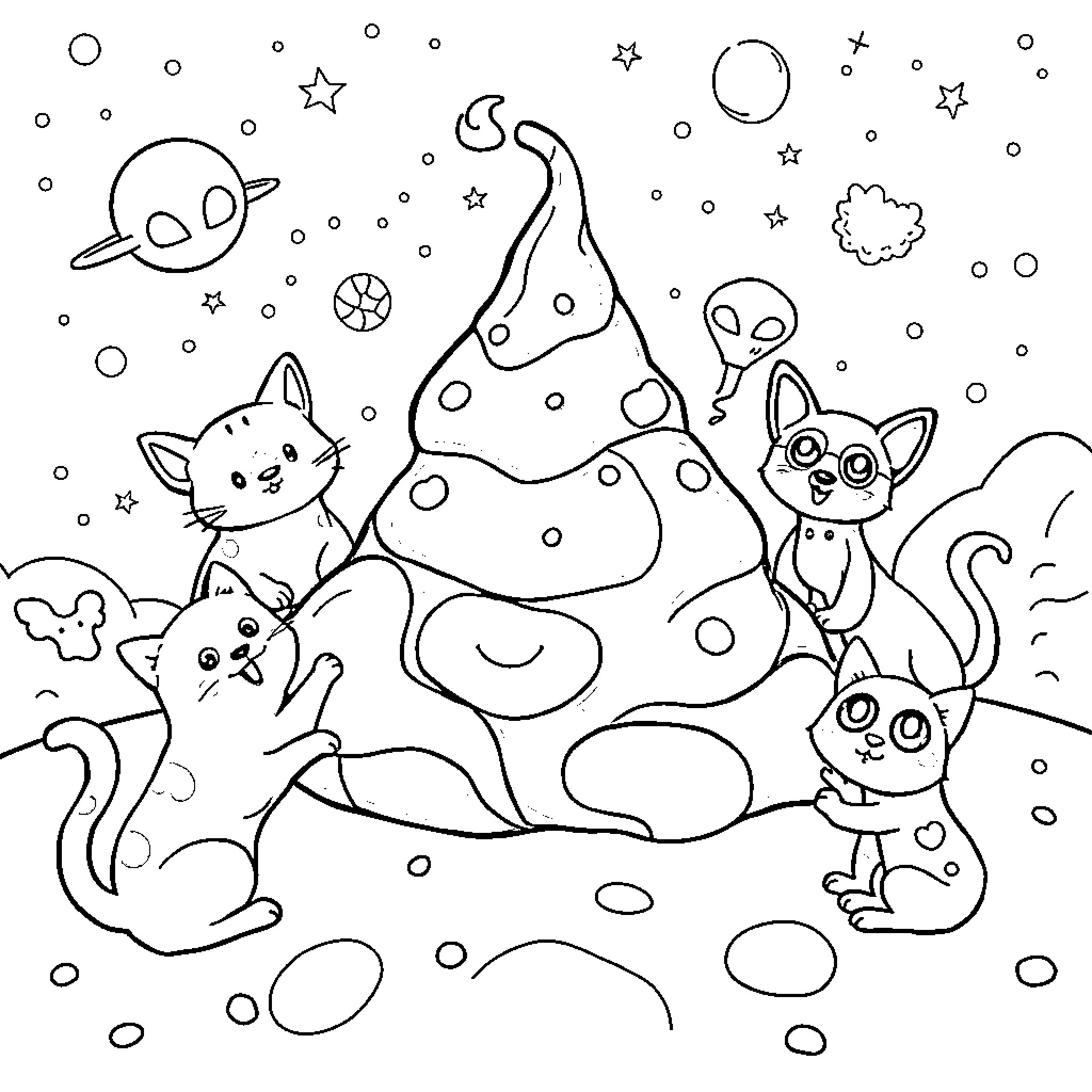 Poop pile with whimsical creatures in snowy landscape Coloring Page (free black-and-white line drawing printable PDF for all, from beginners to advanced learners, including children, teens, adults, and seniors)