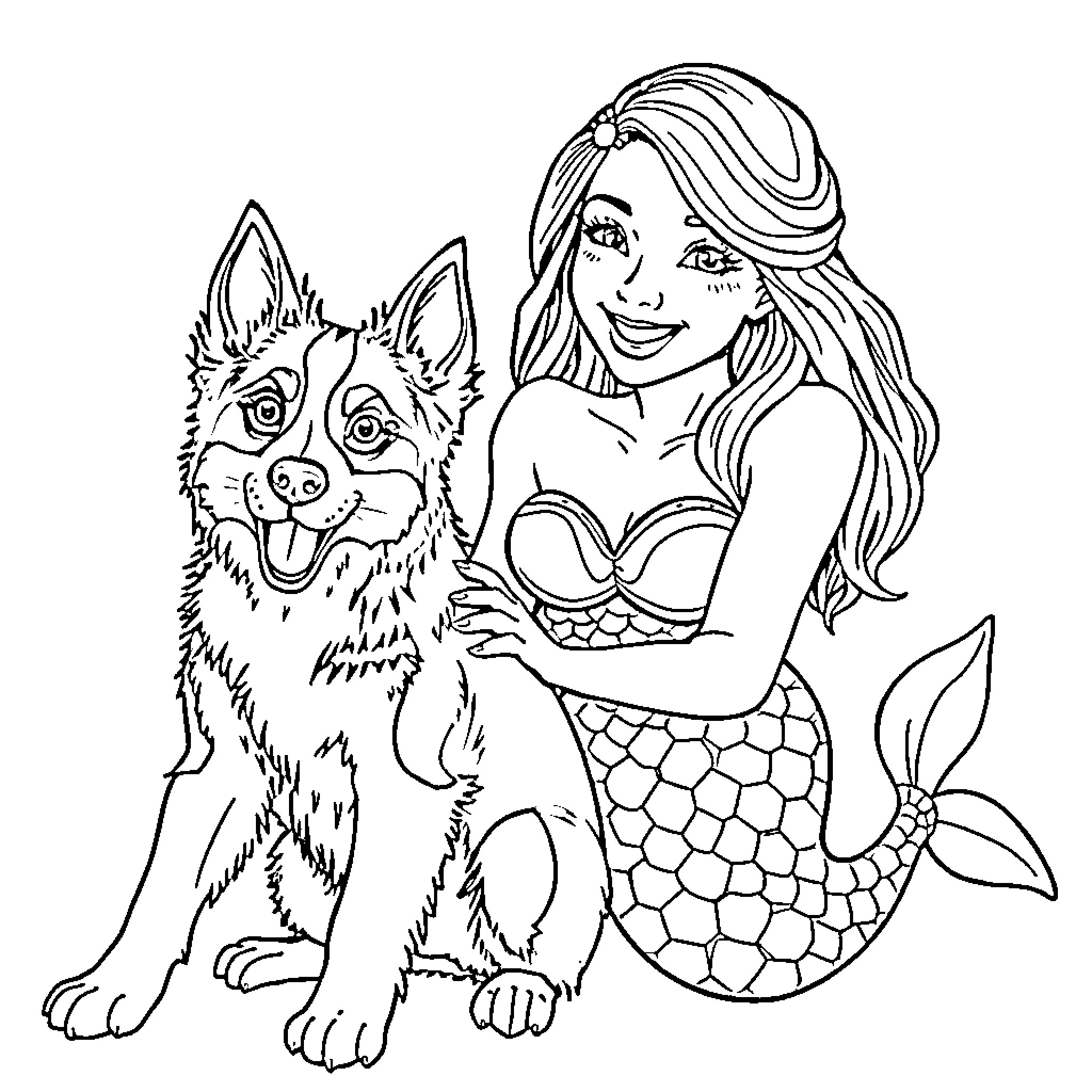 Mermaid and her loyal companion Coloring Page (free black-and-white line drawing printable PDF for all, from beginners to advanced learners, including children, teens, adults, and seniors)