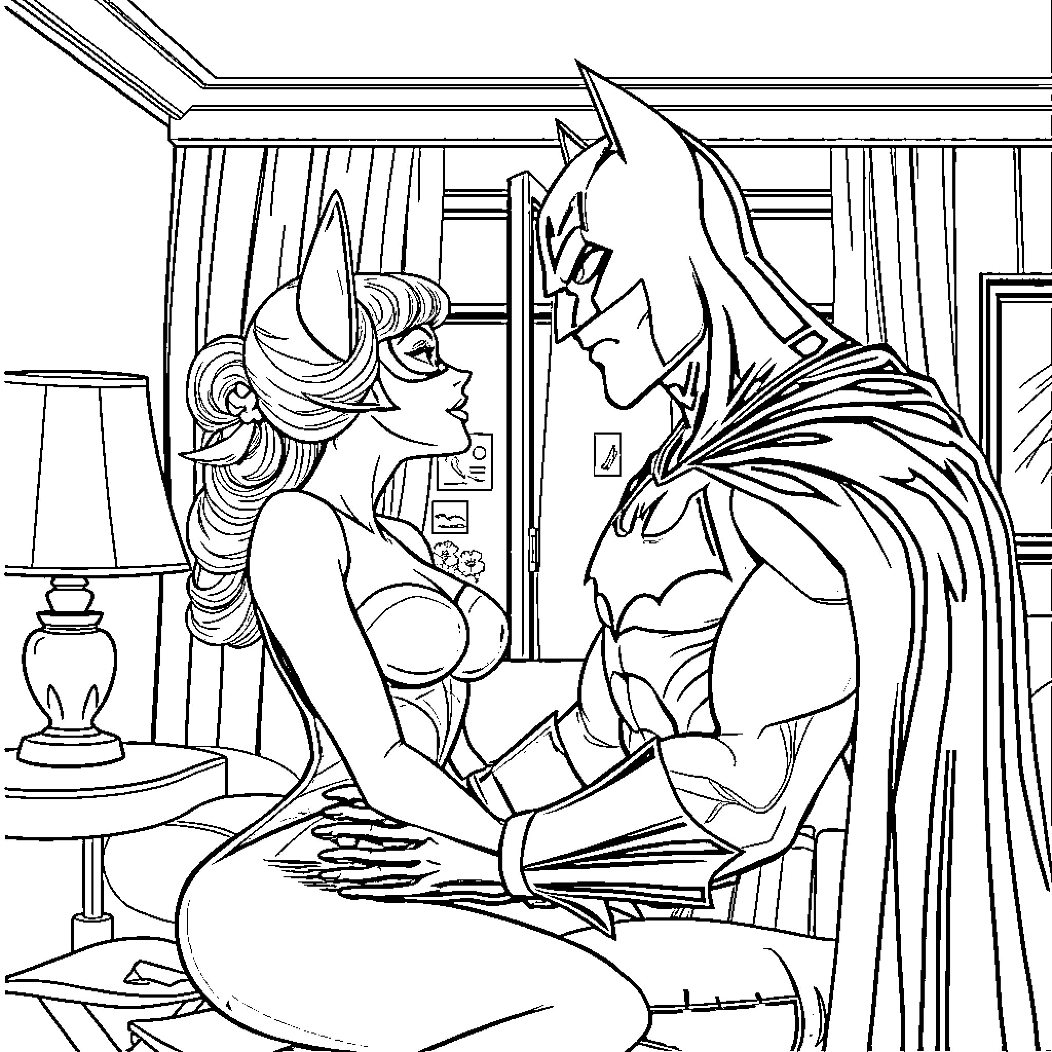 Catwoman and Batman in an intimate moment Coloring Page (free black-and-white line drawing printable PDF for all, from beginners to advanced learners, including children, teens, adults, and seniors)