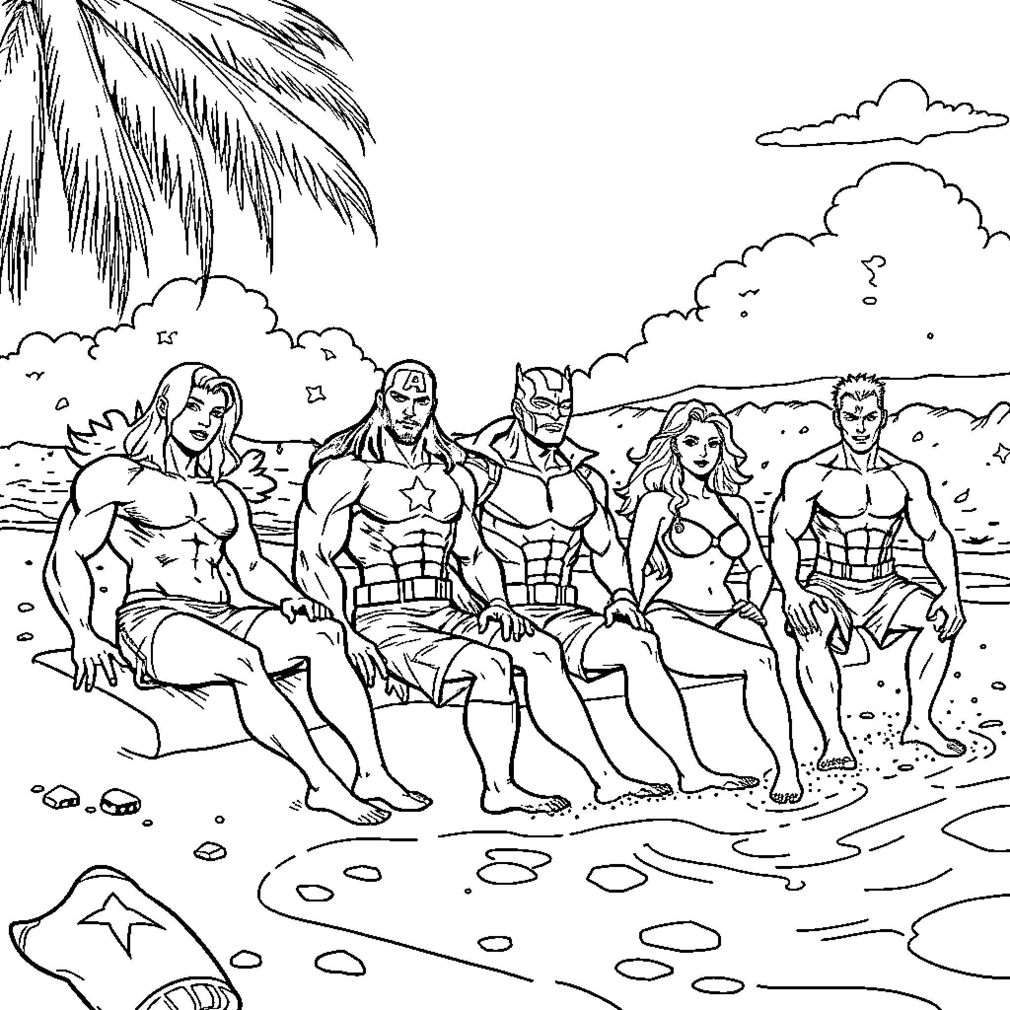 Avenger heroes relaxing on the beach Coloring Page (free black-and-white line drawing printable PDF for all, from beginners to advanced learners, including children, teens, adults, and seniors)