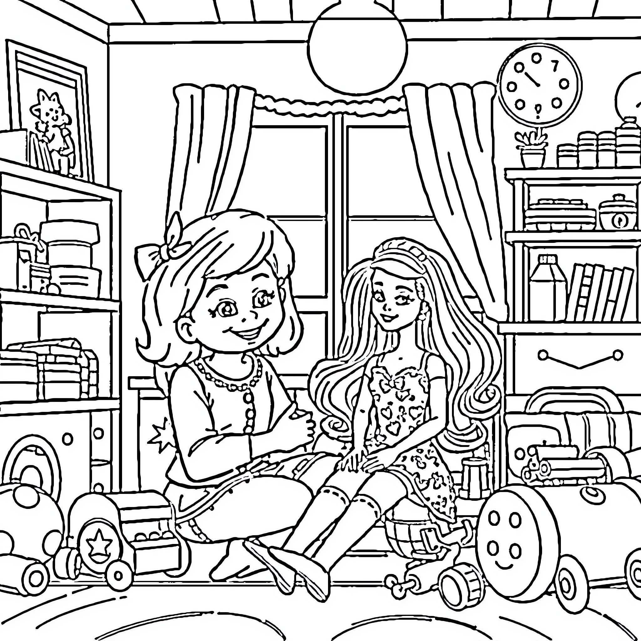 Gabby's Cozy Playroom Adventure Coloring Page (free black-and-white line drawing printable PDF for all, from beginners to advanced learners, including children, teens, adults, and seniors)