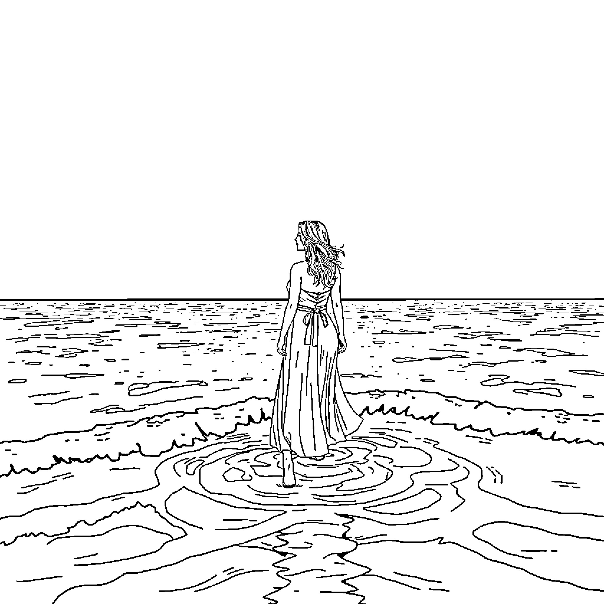 Woman standing in the ocean, admiring the waves Coloring Page (free black-and-white line drawing printable PDF for all, from beginners to advanced learners, including children, teens, adults, and seniors)