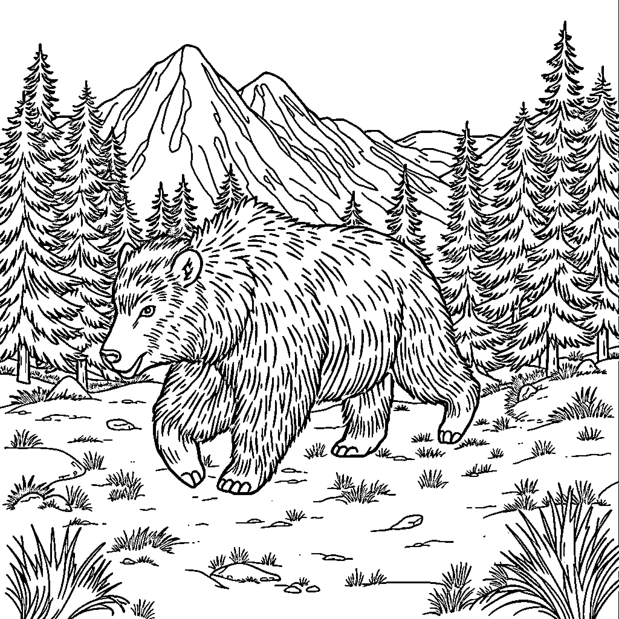 Bear roaming through the scenic mountain forest Coloring Page (free black-and-white line drawing printable PDF for all, from beginners to advanced learners, including children, teens, adults, and seniors)