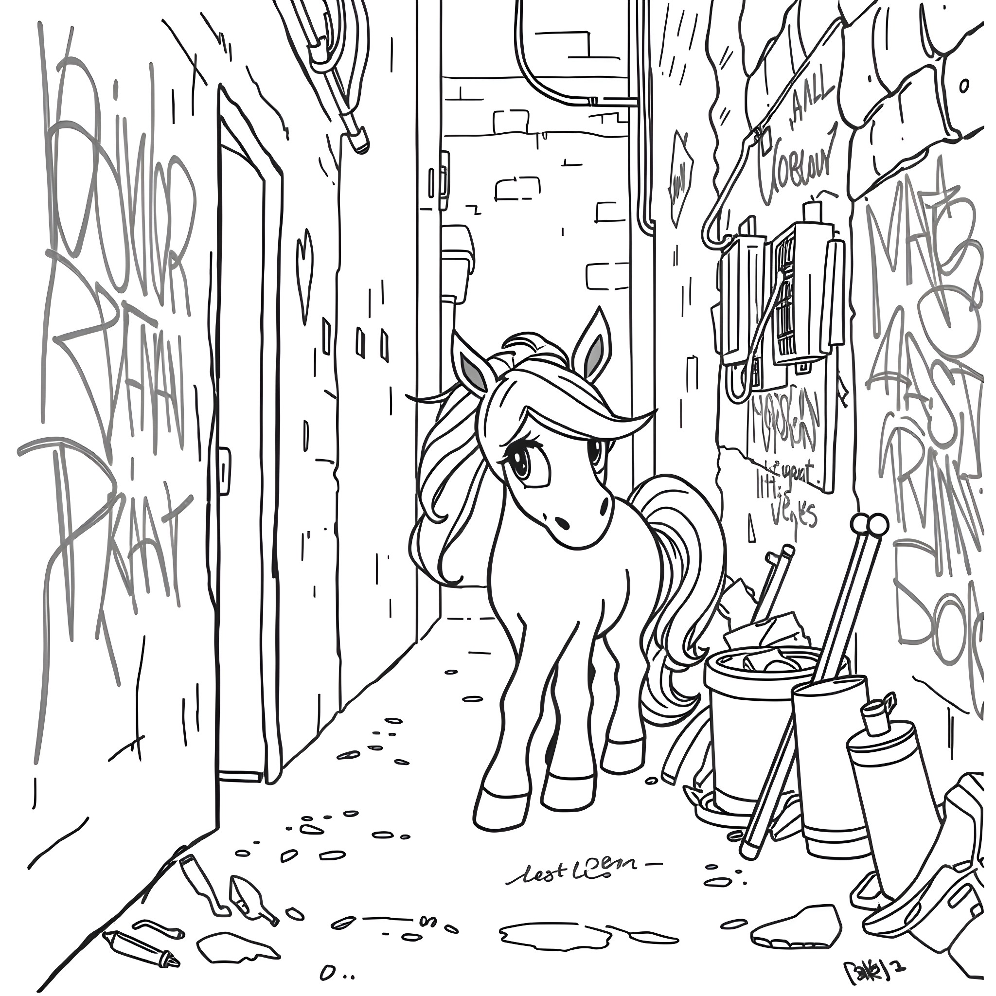 Pony Navigating Graffiti-Covered Alleyway Coloring Page (free black-and-white line drawing printable PDF for all, from beginners to advanced learners, including children, teens, adults, and seniors)