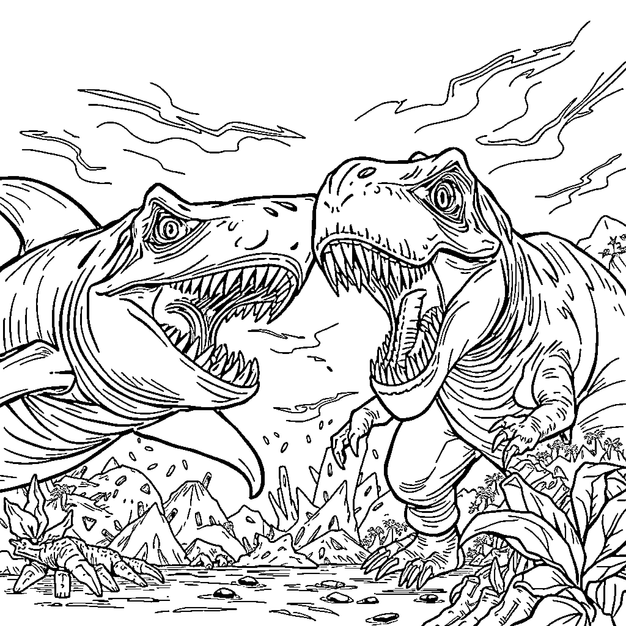 Shark Predators Battling in Prehistoric Landscape Coloring Page (free black-and-white line drawing printable PDF for all, from beginners to advanced learners, including children, teens, adults, and seniors)