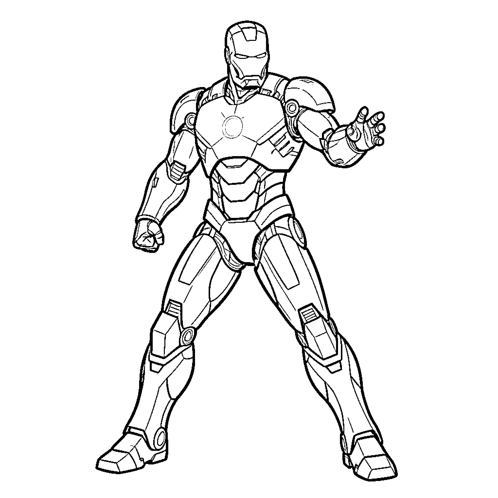 Iron Man standing in a powerful combat pose Coloring Page (free black-and-white line drawing printable PDF for all, from beginners to advanced learners, including children, teens, adults, and seniors)