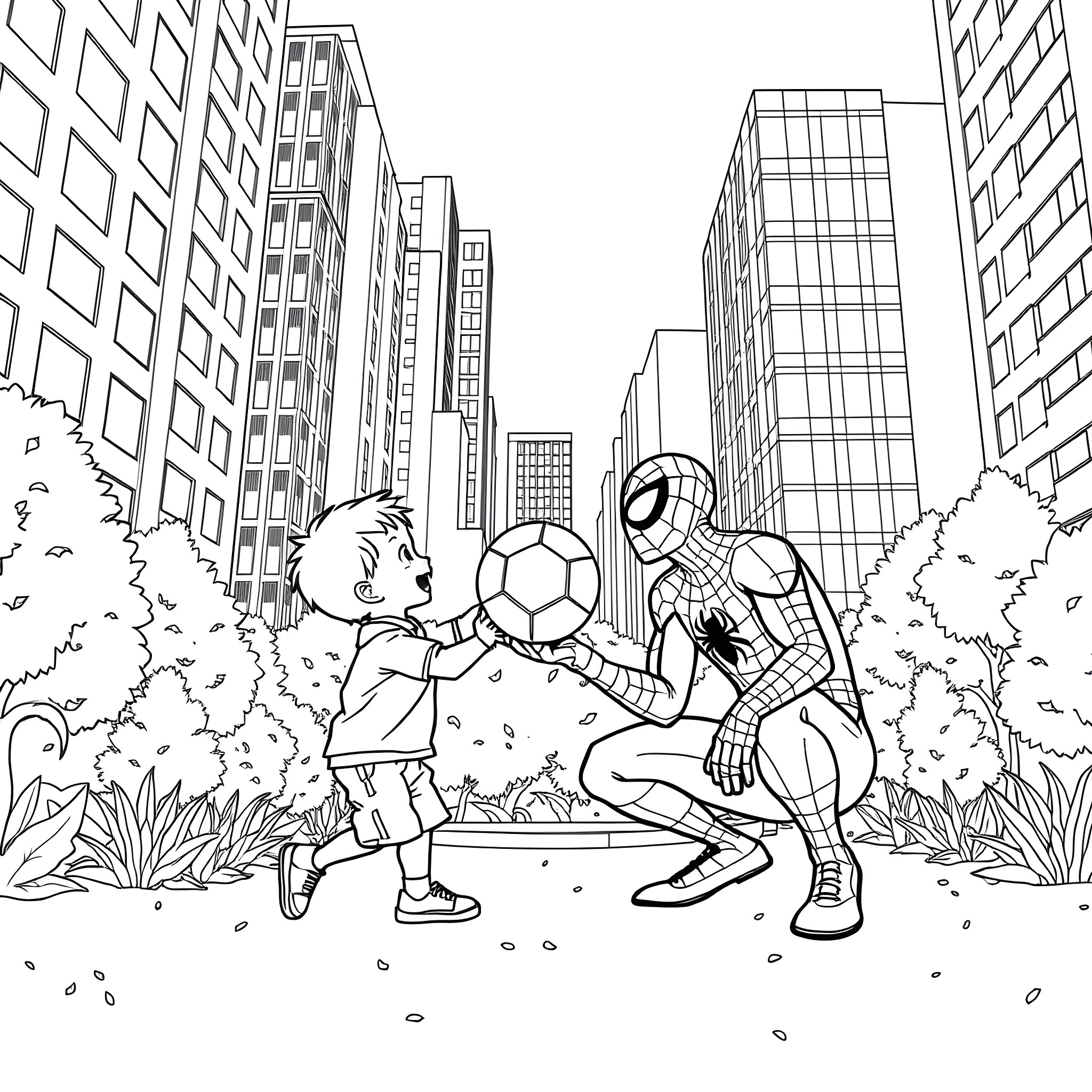 Spider-Man playing soccer with a young boy in the city Coloring Page (free black-and-white line drawing printable PDF for all, from beginners to advanced learners, including children, teens, adults, and seniors)