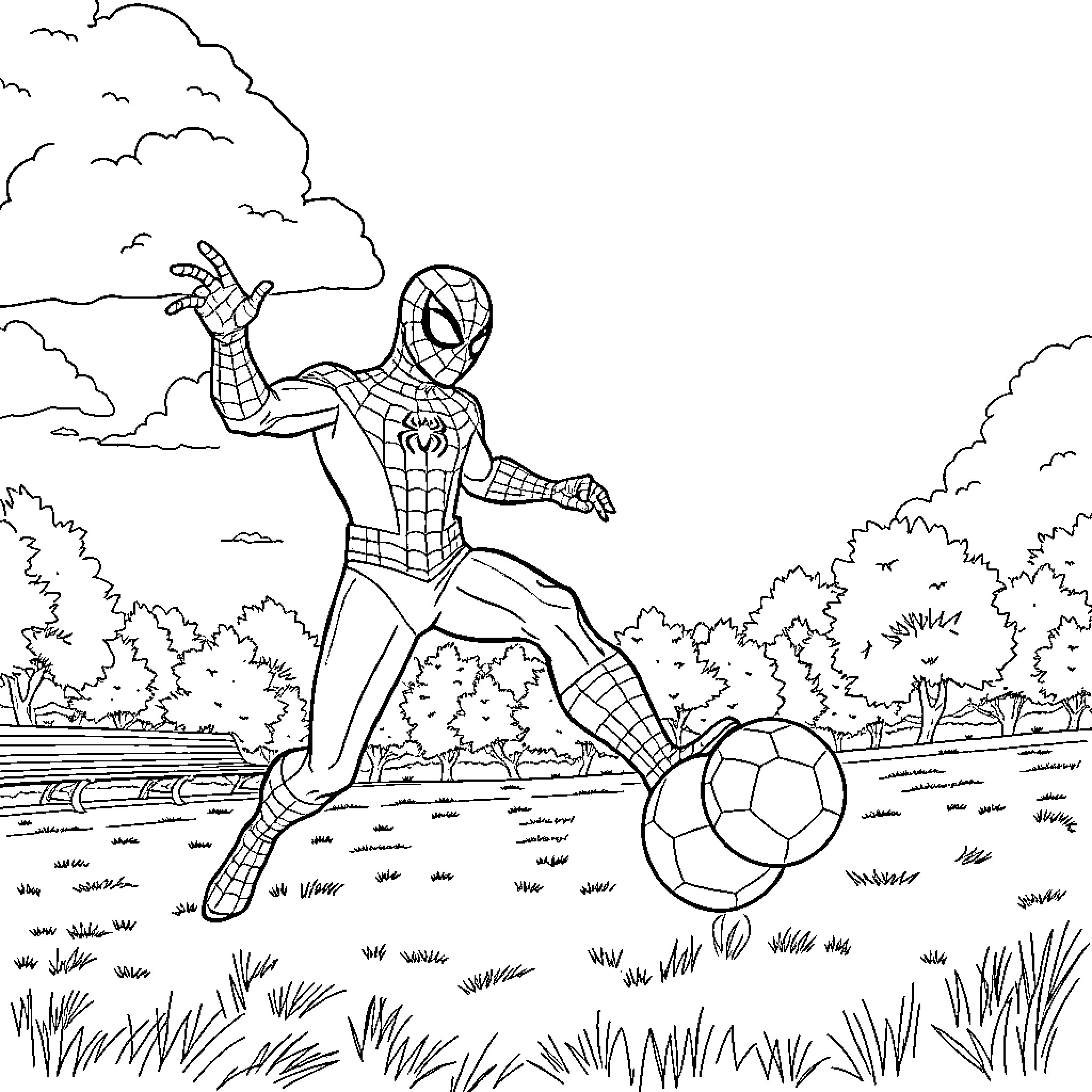 Spiderman playing with a soccer ball in the park Coloring Page (free black-and-white line drawing printable PDF for all, from beginners to advanced learners, including children, teens, adults, and seniors)