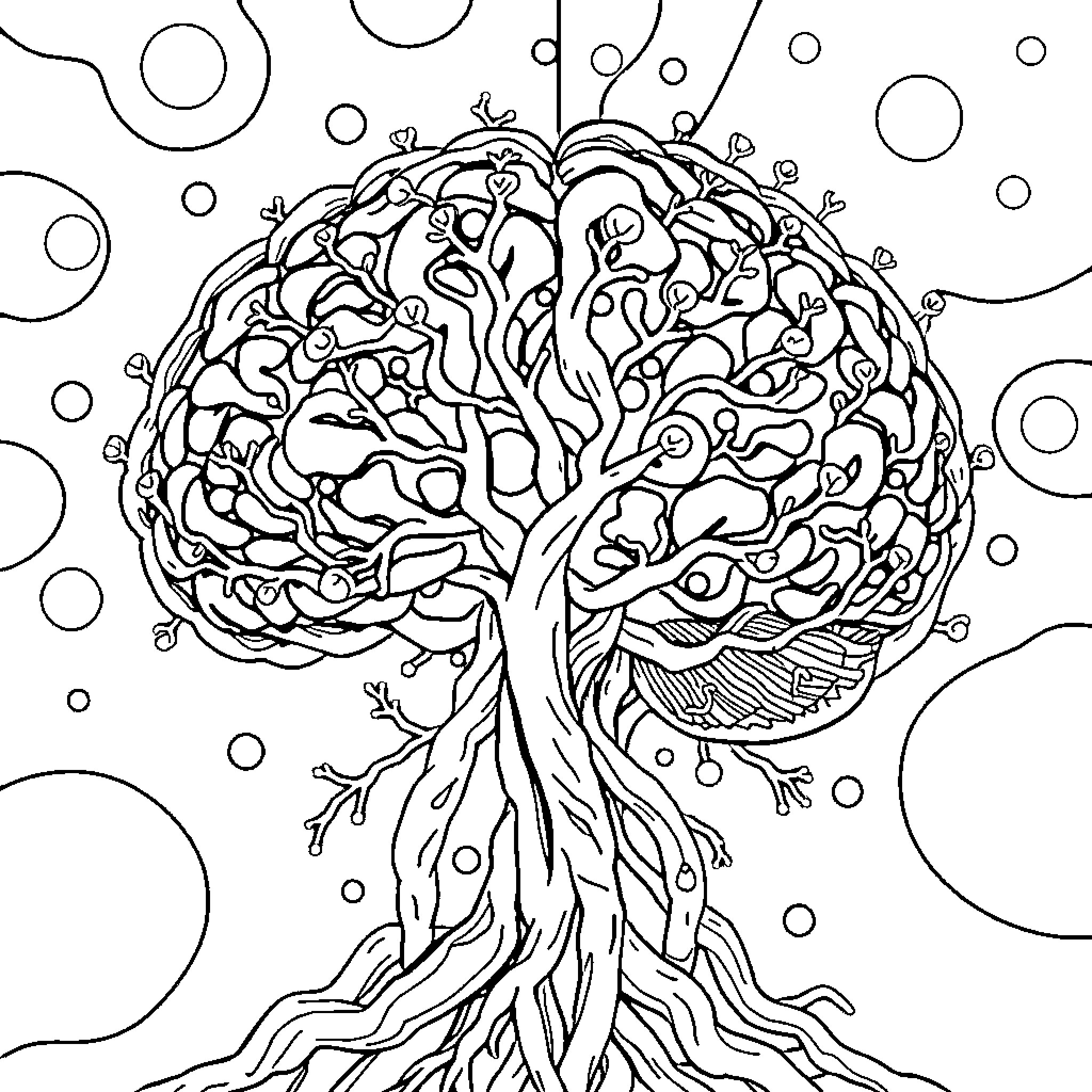Brainroot: Organic Tree of Thought Coloring Page (free black-and-white line drawing printable PDF for all, from beginners to advanced learners, including children, teens, adults, and seniors)