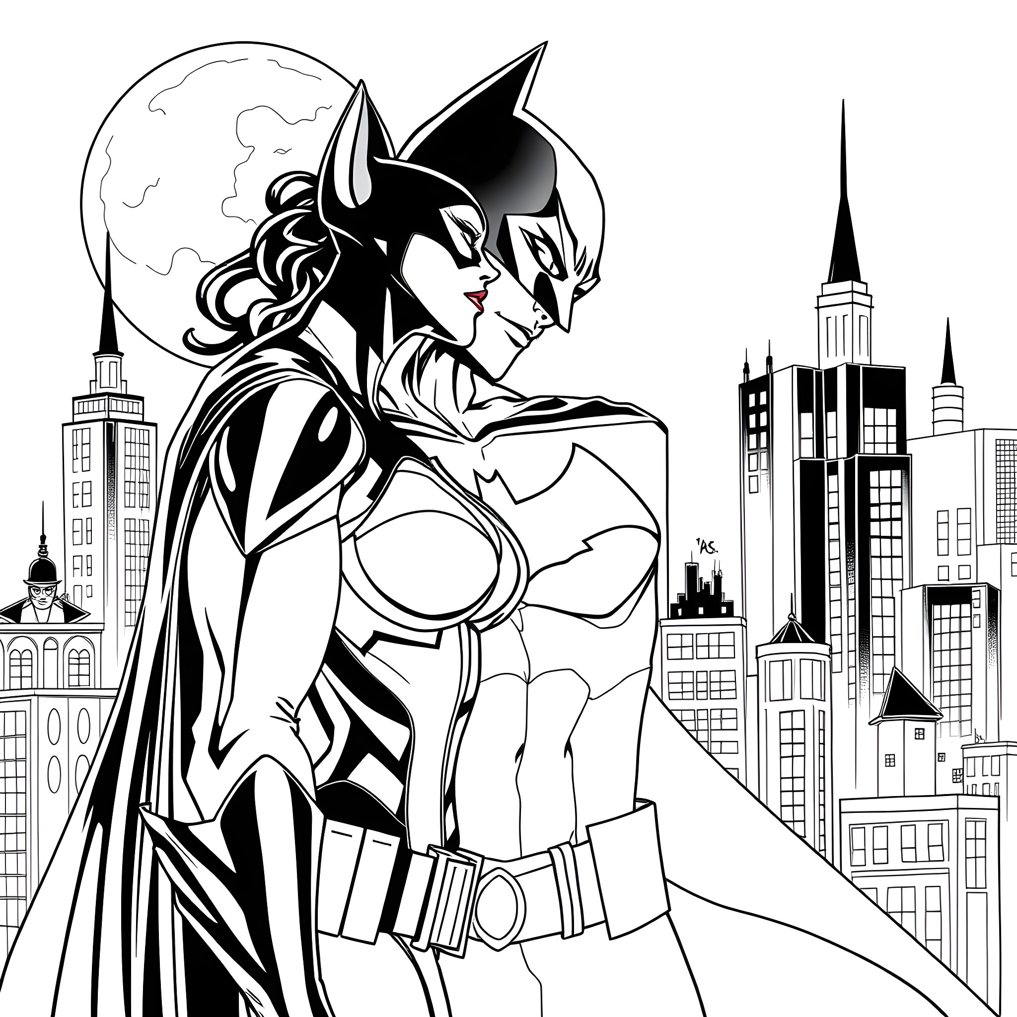 Catwoman Prowls the Gotham Skyline Coloring Page (free black-and-white line drawing printable PDF for all, from beginners to advanced learners, including children, teens, adults, and seniors)