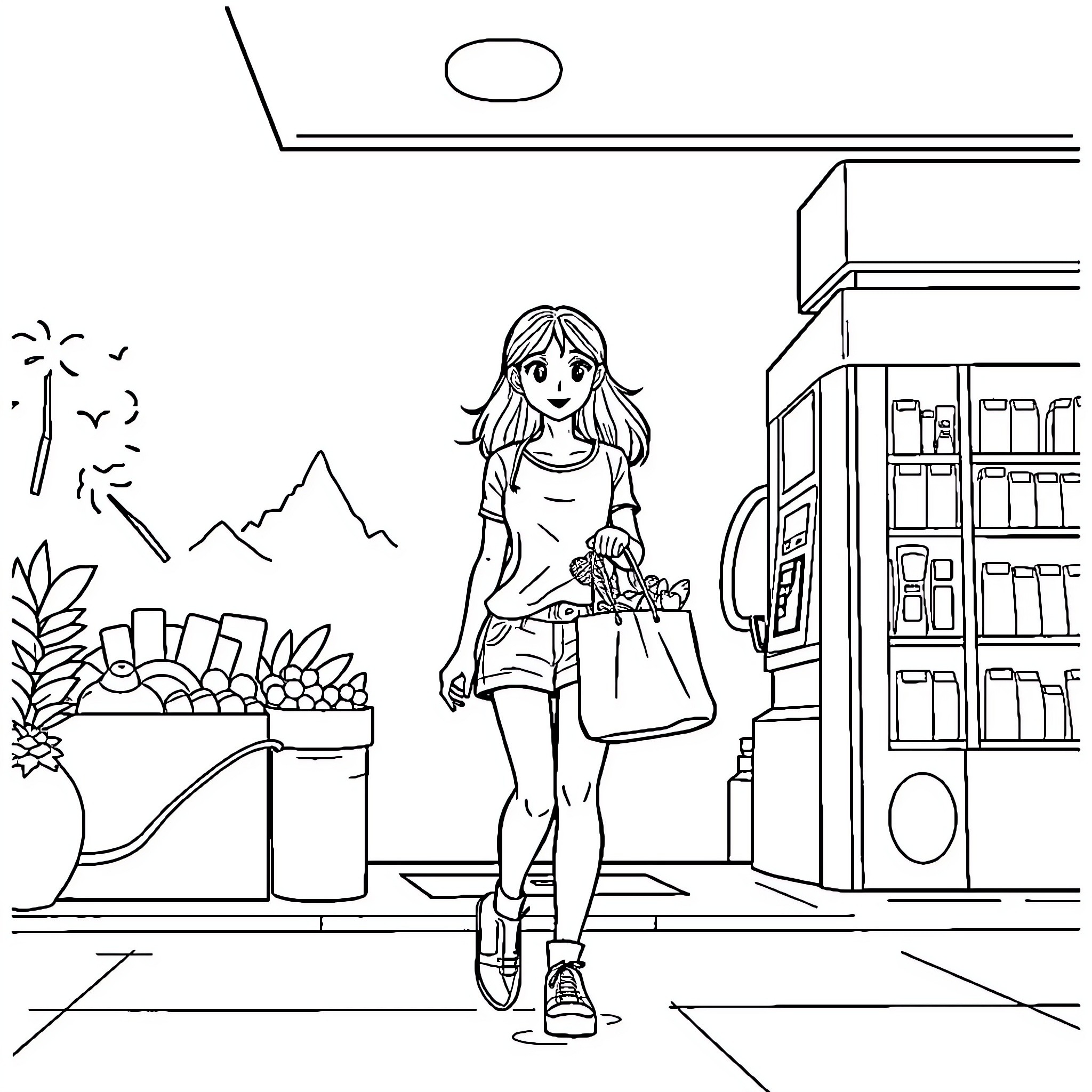 Girl shopping at the local market Coloring Page (free black-and-white line drawing printable PDF for all, from beginners to advanced learners, including children, teens, adults, and seniors)
