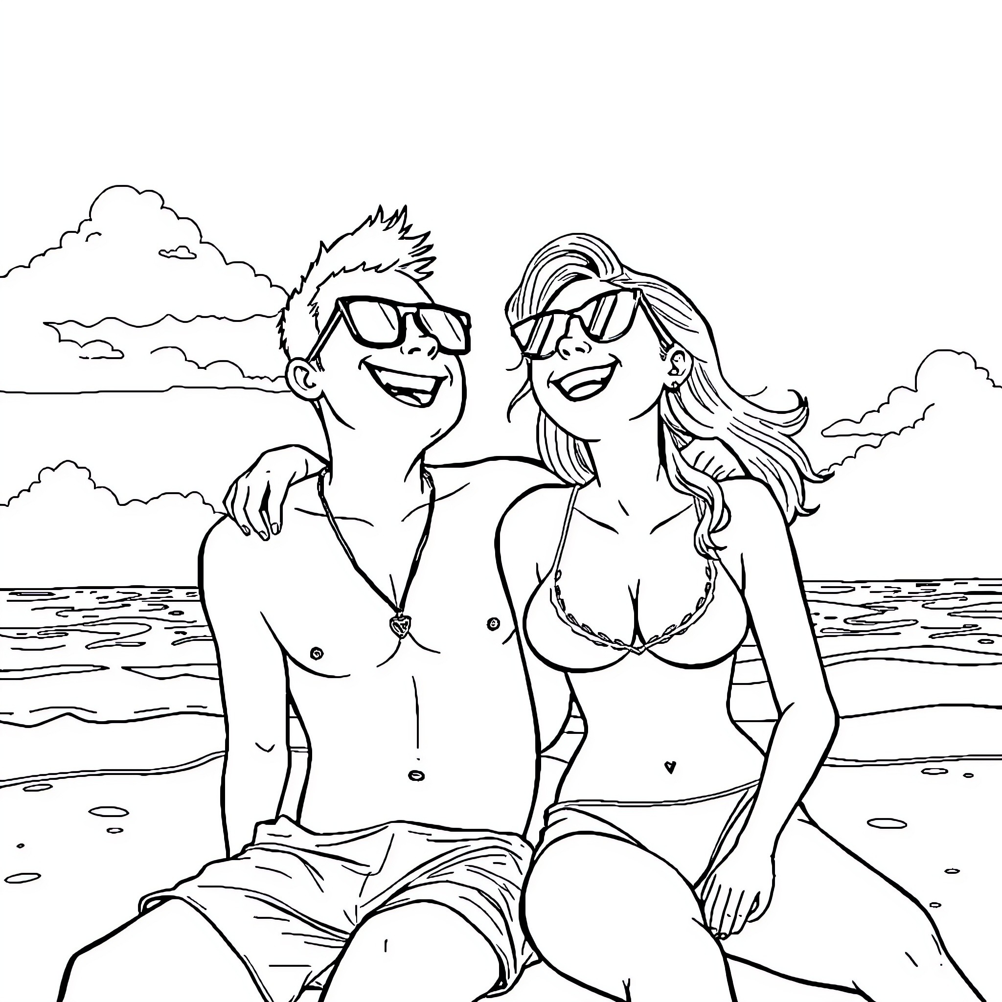 Carl and Ellie enjoying a relaxing day at the beach Coloring Page (free black-and-white line drawing printable PDF for all, from beginners to advanced learners, including children, teens, adults, and seniors)