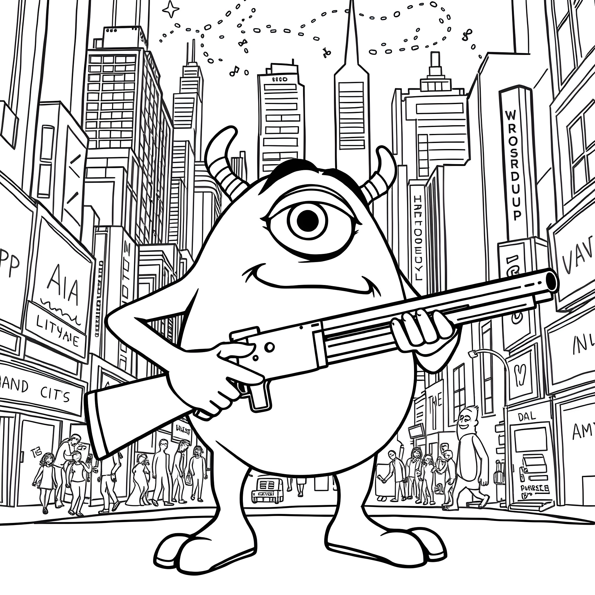 Mike Wazowski firing a laser gun in the city Coloring Page (free black-and-white line drawing printable PDF for all, from beginners to advanced learners, including children, teens, adults, and seniors)