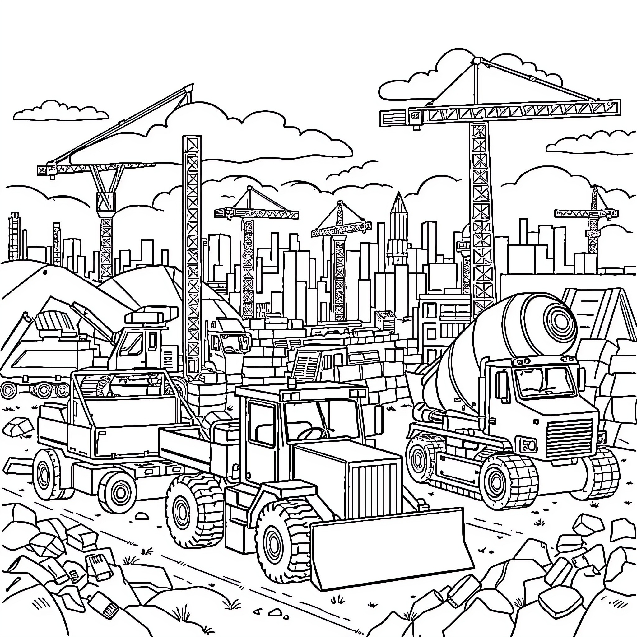Construction Machinery at Work in the City Coloring Page (free black-and-white line drawing printable PDF for all, from beginners to advanced learners, including children, teens, adults, and seniors)
