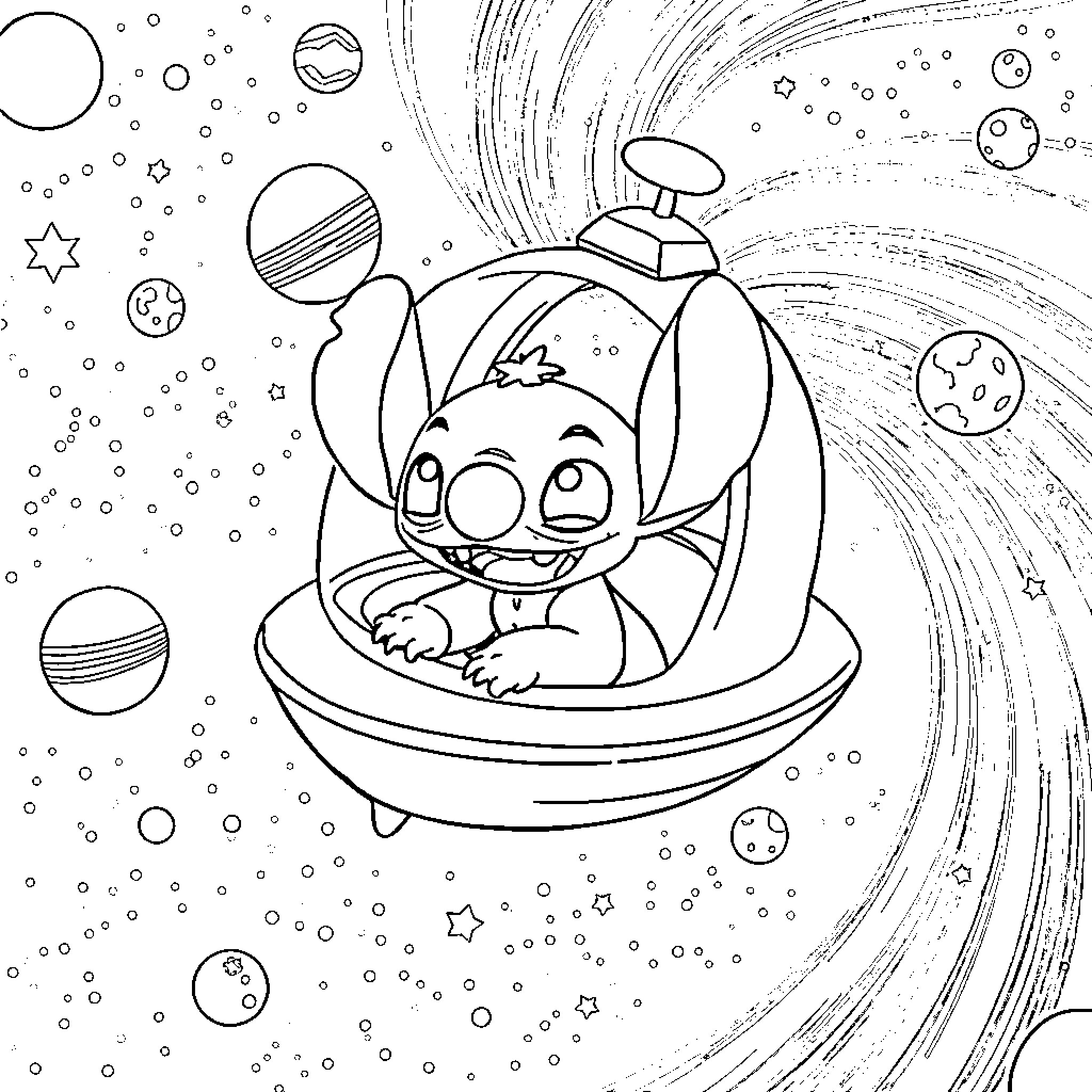 Lilo And Stitch's Interstellar Adventure Coloring Page (free black-and-white line drawing printable PDF for all, from beginners to advanced learners, including children, teens, adults, and seniors)