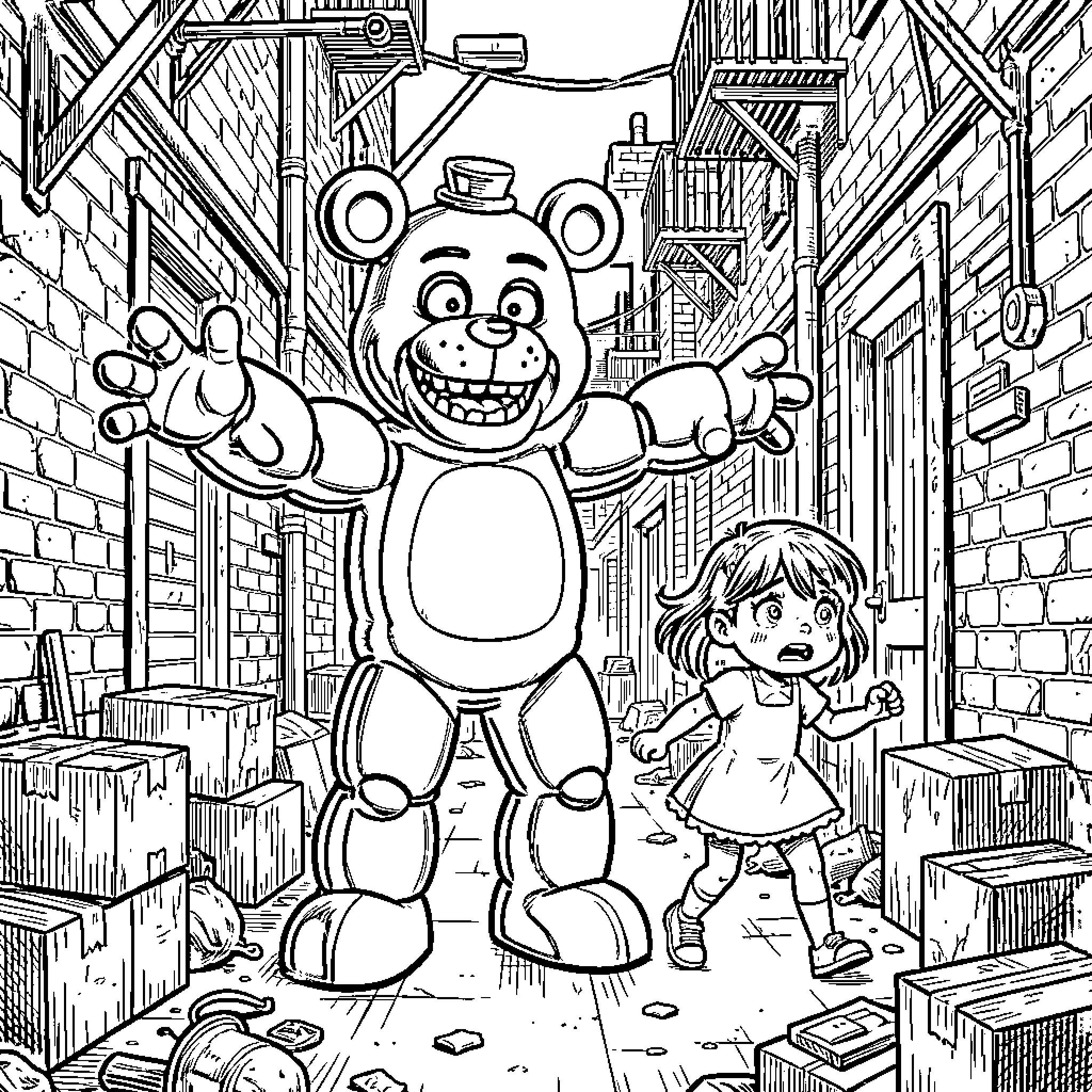Freddy spreading arms wide toward a startled young girl Coloring Page (free black-and-white line drawing printable PDF for all, from beginners to advanced learners, including children, teens, adults, and seniors)