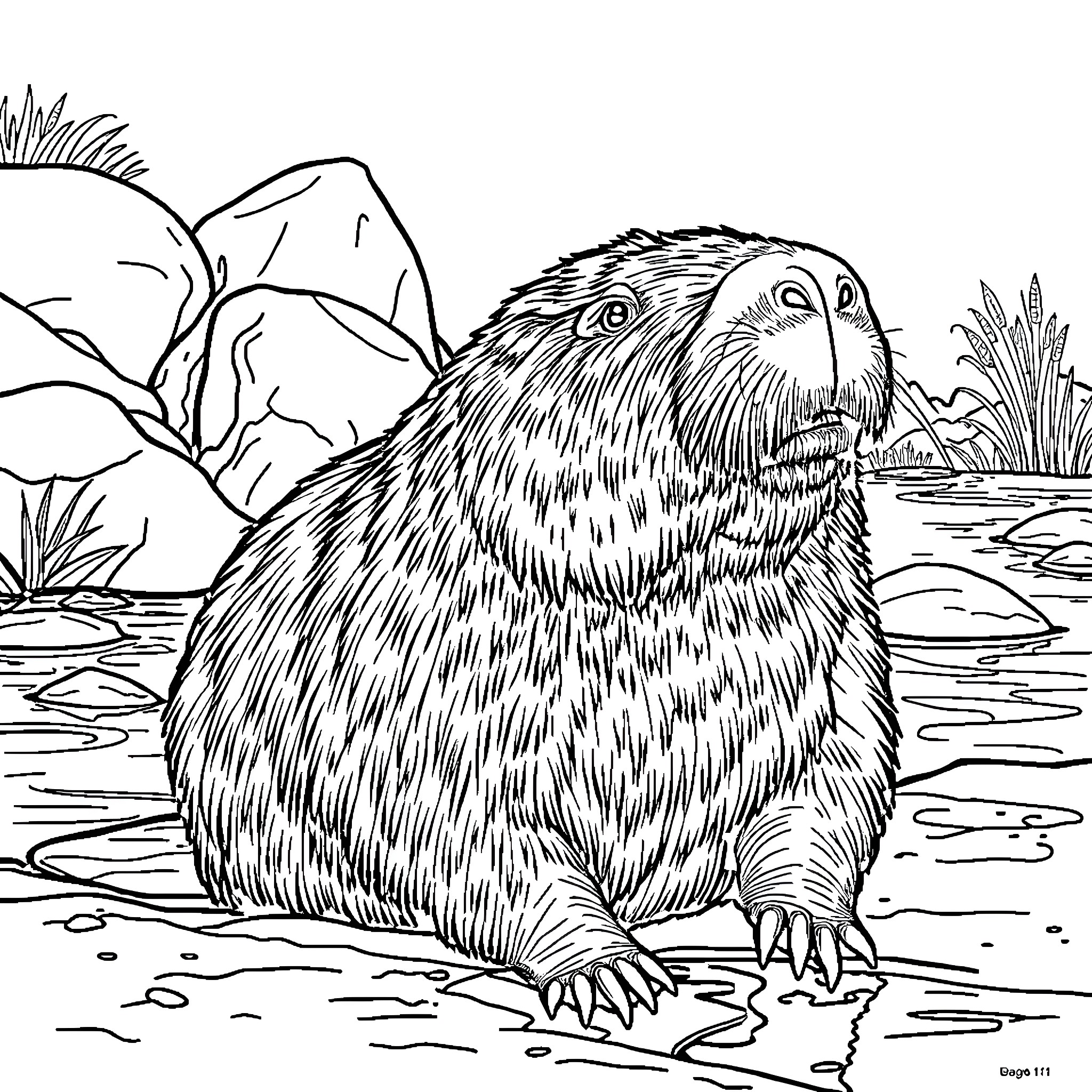 Capybara relaxing by the pond Coloring Page (free black-and-white line drawing printable PDF for all, from beginners to advanced learners, including children, teens, adults, and seniors)