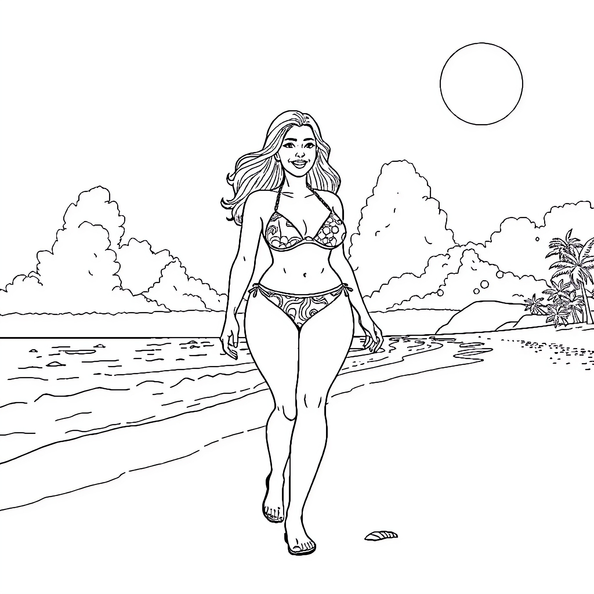 Girl in swimsuit walking on beach Coloring Page (free black-and-white line drawing printable PDF for all, from beginners to advanced learners, including children, teens, adults, and seniors)