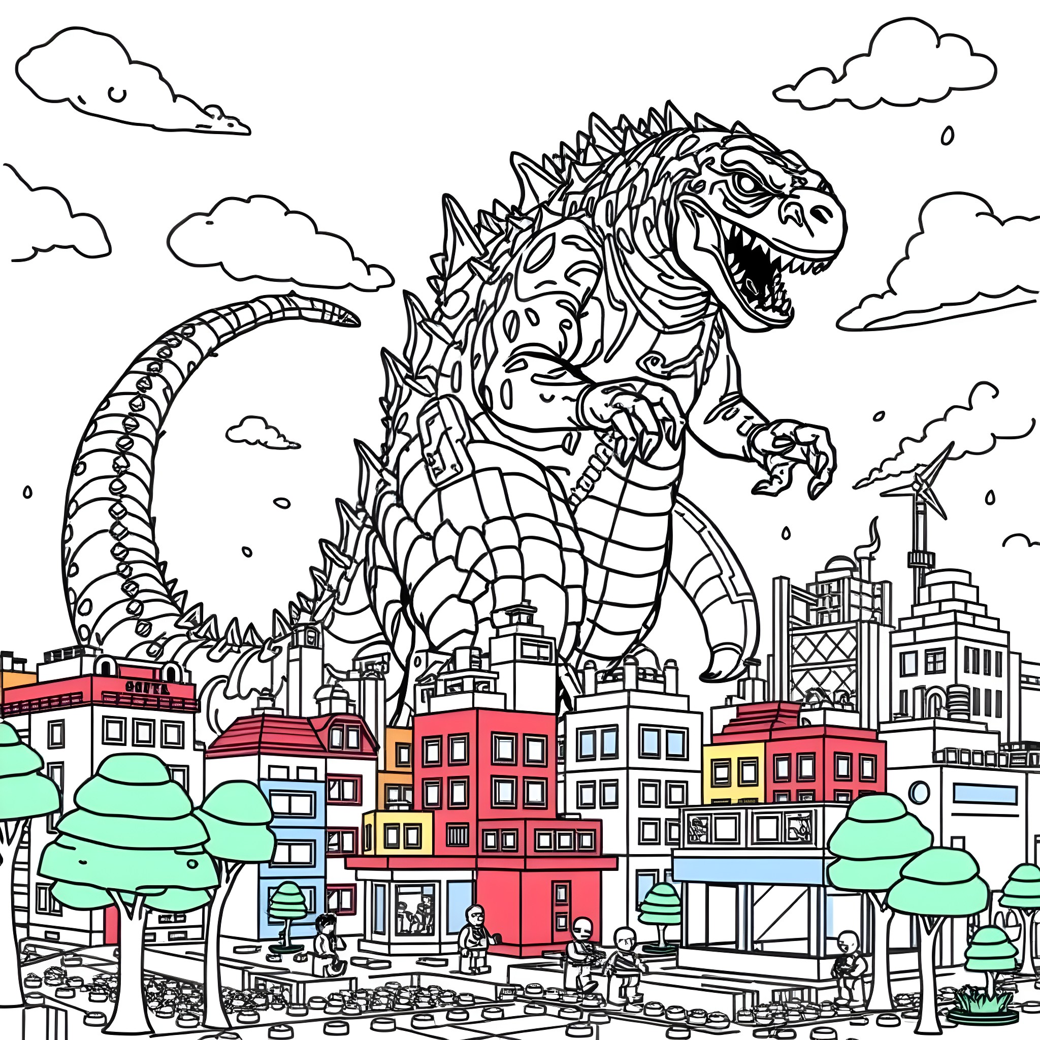 Godzilla rampaging through a colorful city Coloring Page (free black-and-white line drawing printable PDF for all, from beginners to advanced learners, including children, teens, adults, and seniors)