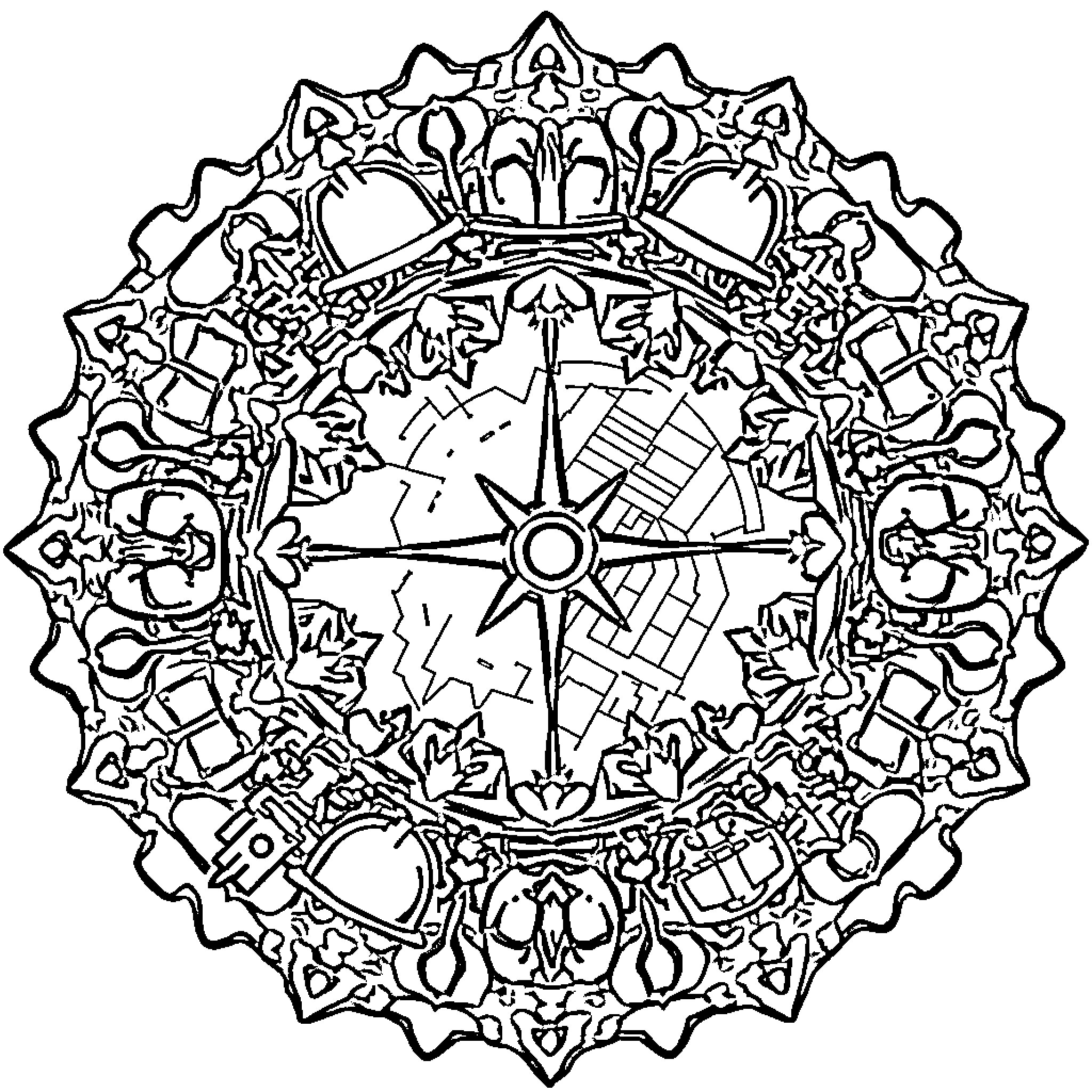 Mandala of Intricate Symbolic Designs Coloring Page (free black-and-white line drawing printable PDF for all, from beginners to advanced learners, including children, teens, adults, and seniors)
