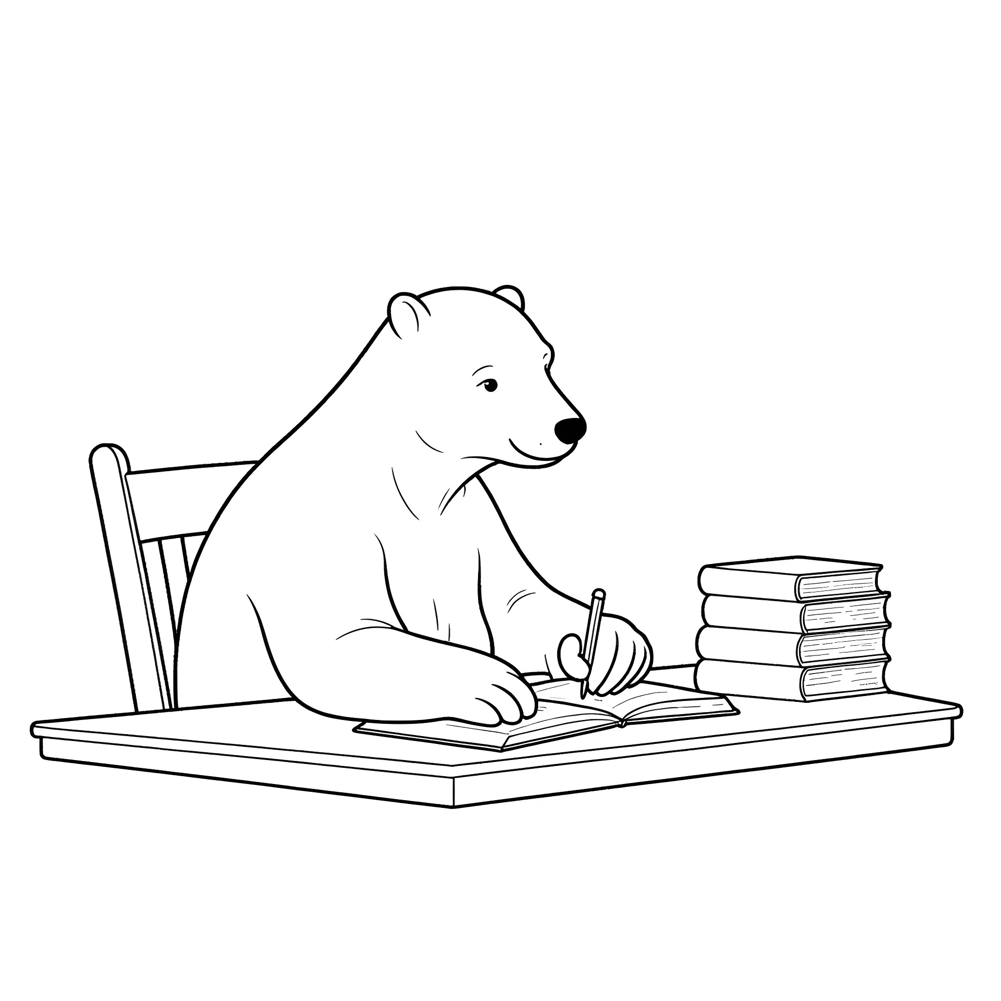 Polar Bear Studying at Desk with Books Coloring Page (free black-and-white line drawing printable PDF for all, from beginners to advanced learners, including children, teens, adults, and seniors)