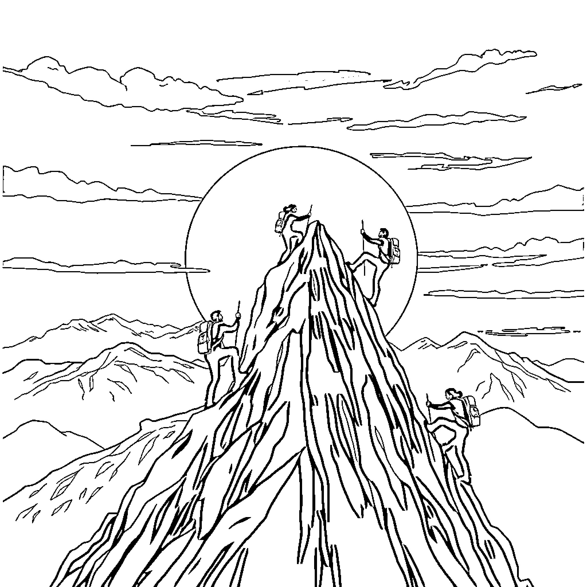 Person climbing challenging mountain peak in dramatic landscape Coloring Page (free black-and-white line drawing printable PDF for all, from beginners to advanced learners, including children, teens, adults, and seniors)