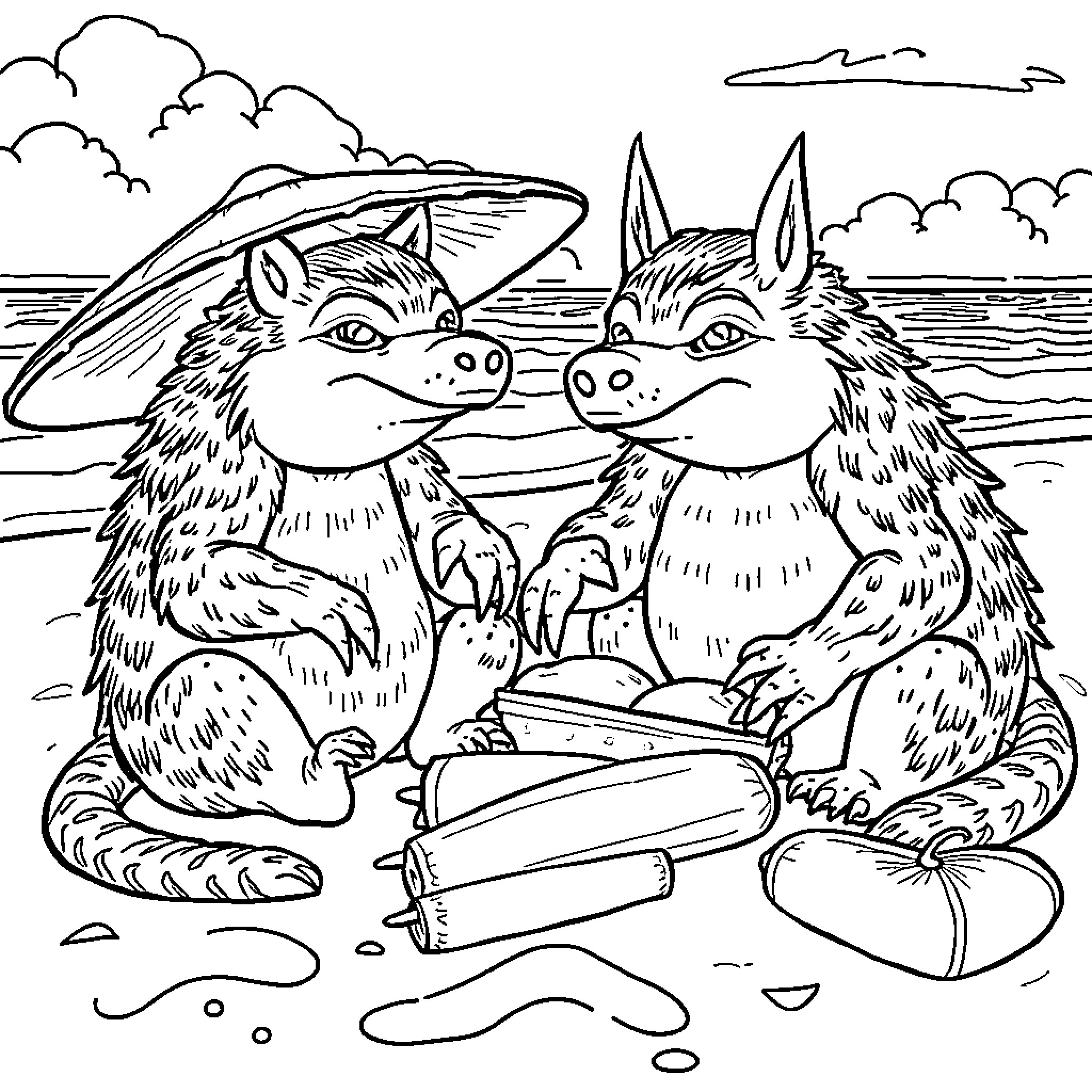 Chupacabra friends playing on the beach Coloring Page (free black-and-white line drawing printable PDF for all, from beginners to advanced learners, including children, teens, adults, and seniors)