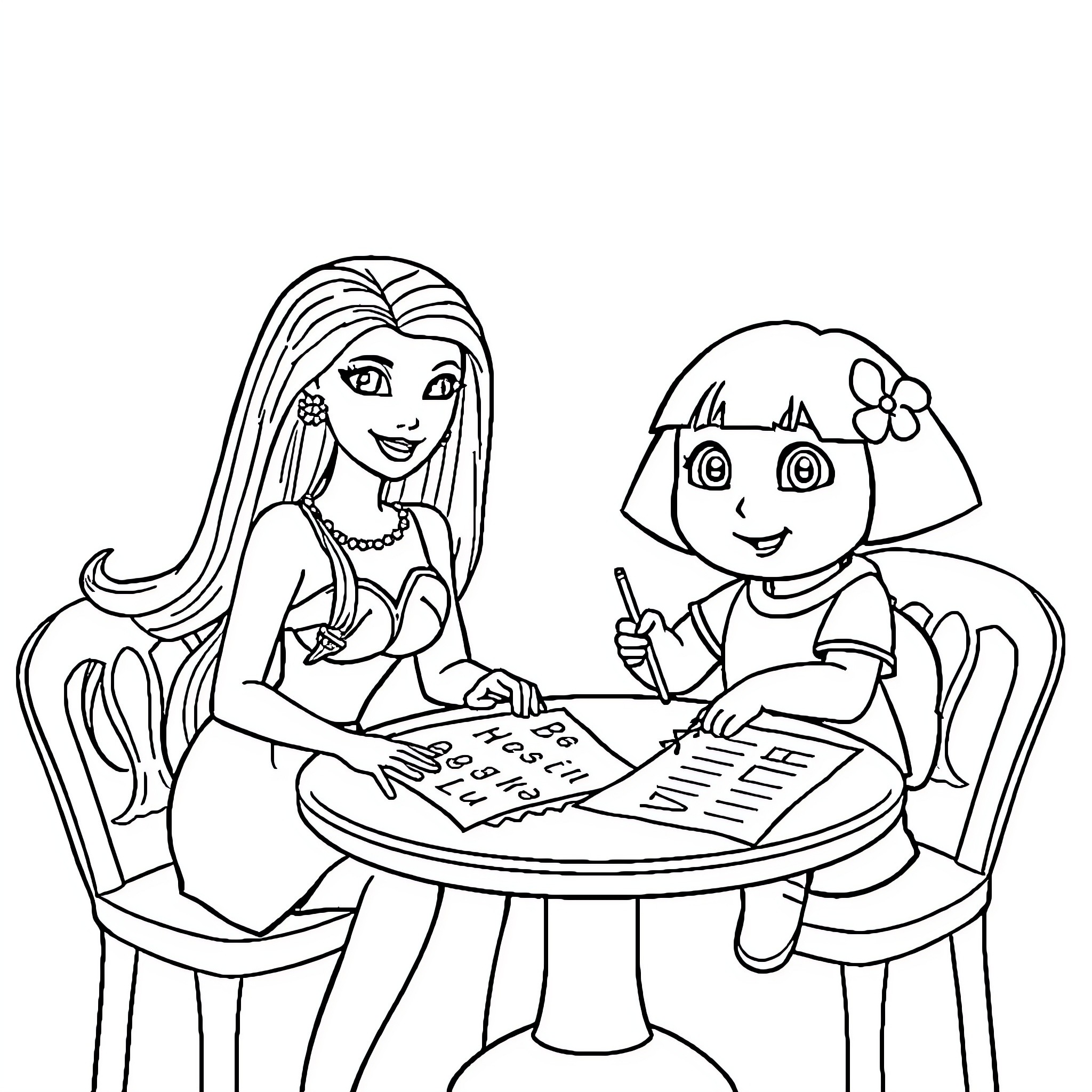 Barbie and Dora Enjoy Conversation and Drawing Coloring Page (free black-and-white line drawing printable PDF for all, from beginners to advanced learners, including children, teens, adults, and seniors)