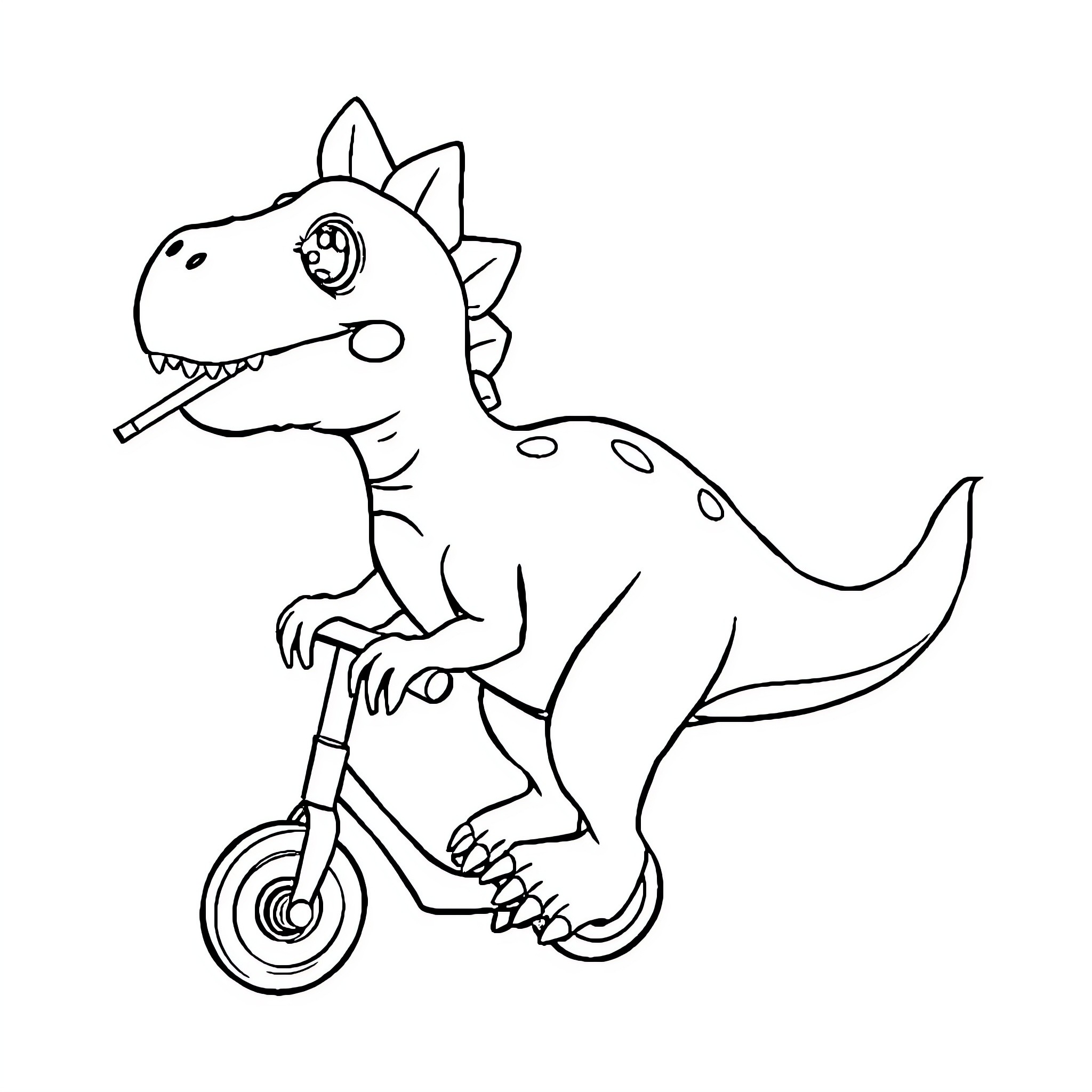 Dino riding a bicycle happily Coloring Page (free black-and-white line drawing printable PDF for all, from beginners to advanced learners, including children, teens, adults, and seniors)