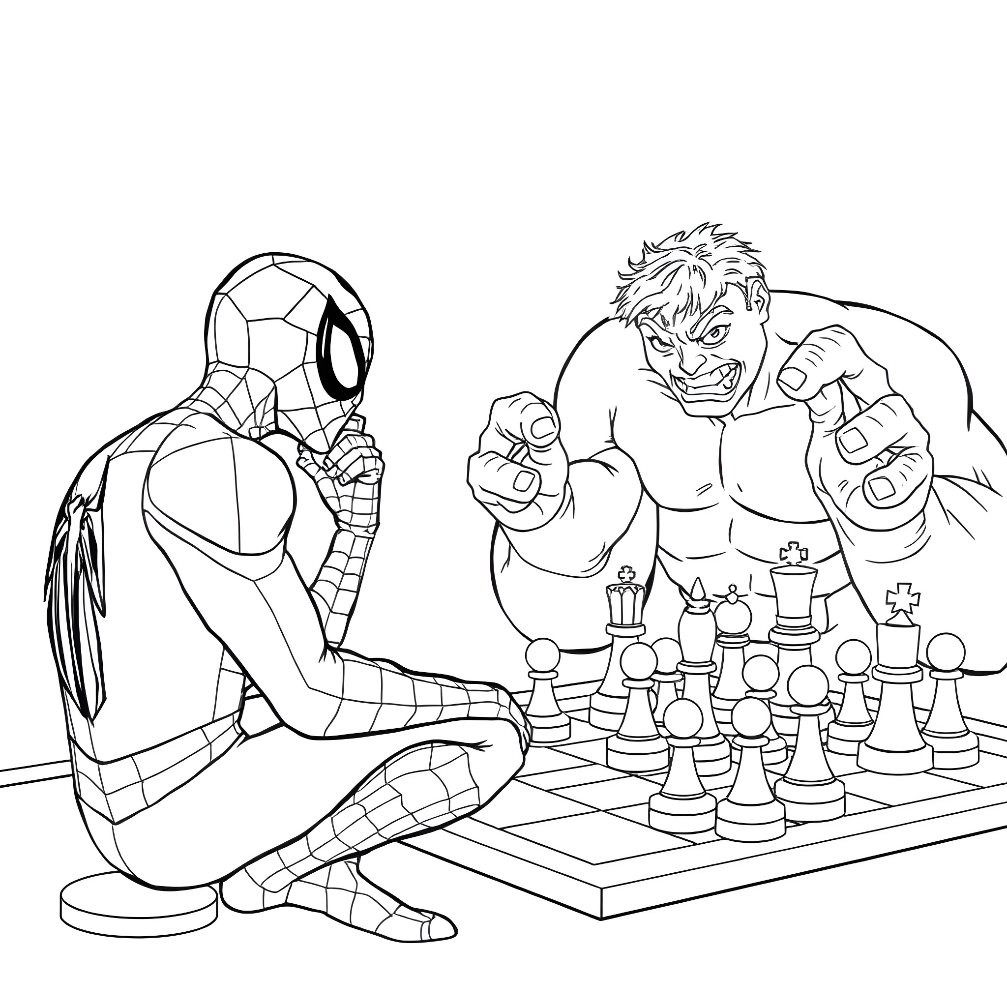 Spiderman and Hulk playing chess Coloring Page (free black-and-white line drawing printable PDF for all, from beginners to advanced learners, including children, teens, adults, and seniors)