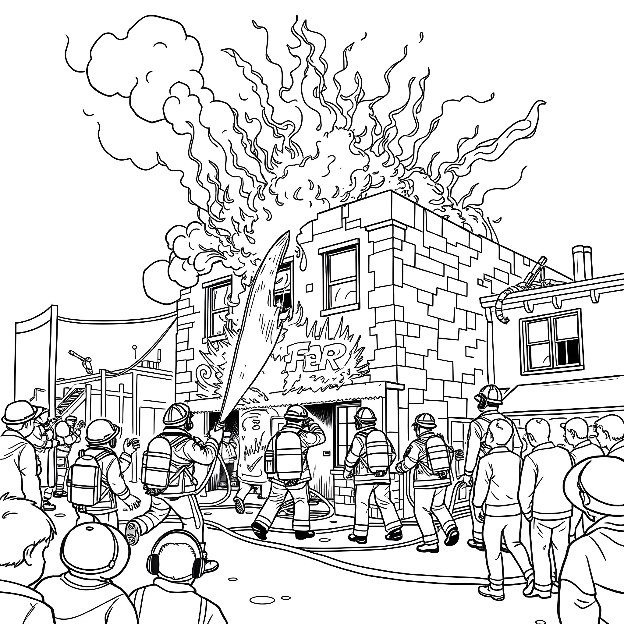 Firefighters battling a blaze at a building Coloring Page (free black-and-white line drawing printable PDF for all, from beginners to advanced learners, including children, teens, adults, and seniors)
