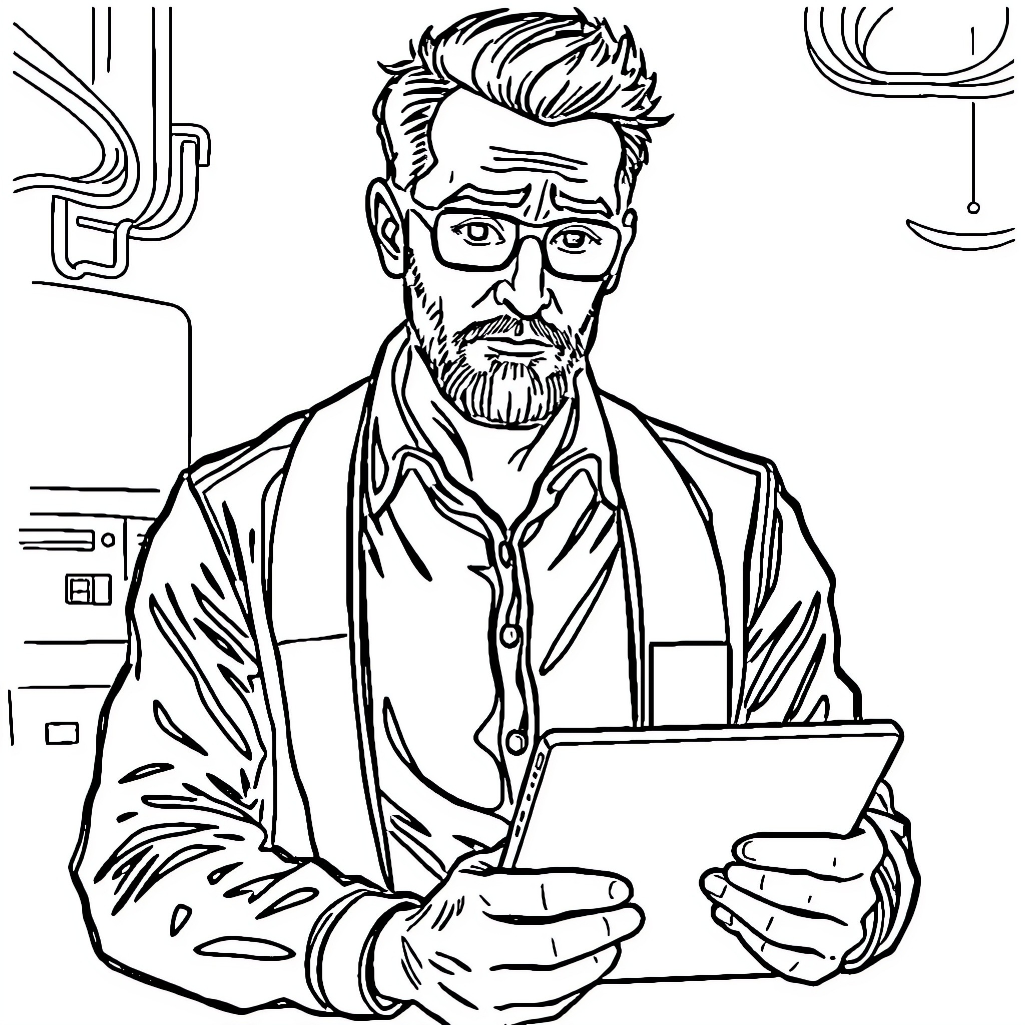 IT Guy Problem Solving with Laptop Coloring Page (free black-and-white line drawing printable PDF for all, from beginners to advanced learners, including children, teens, adults, and seniors)