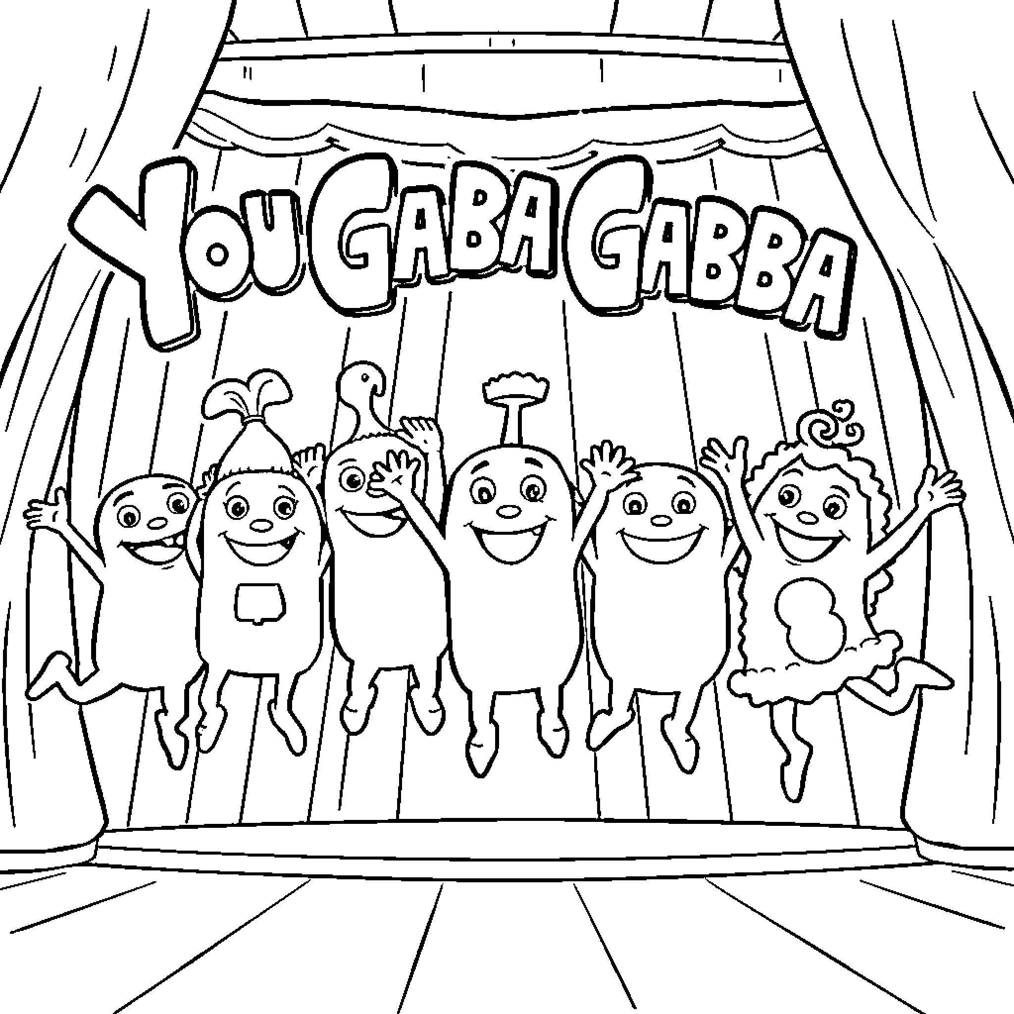 Yo Gabba Gabba characters performing on stage Coloring Page (free black-and-white line drawing printable PDF for all, from beginners to advanced learners, including children, teens, adults, and seniors)